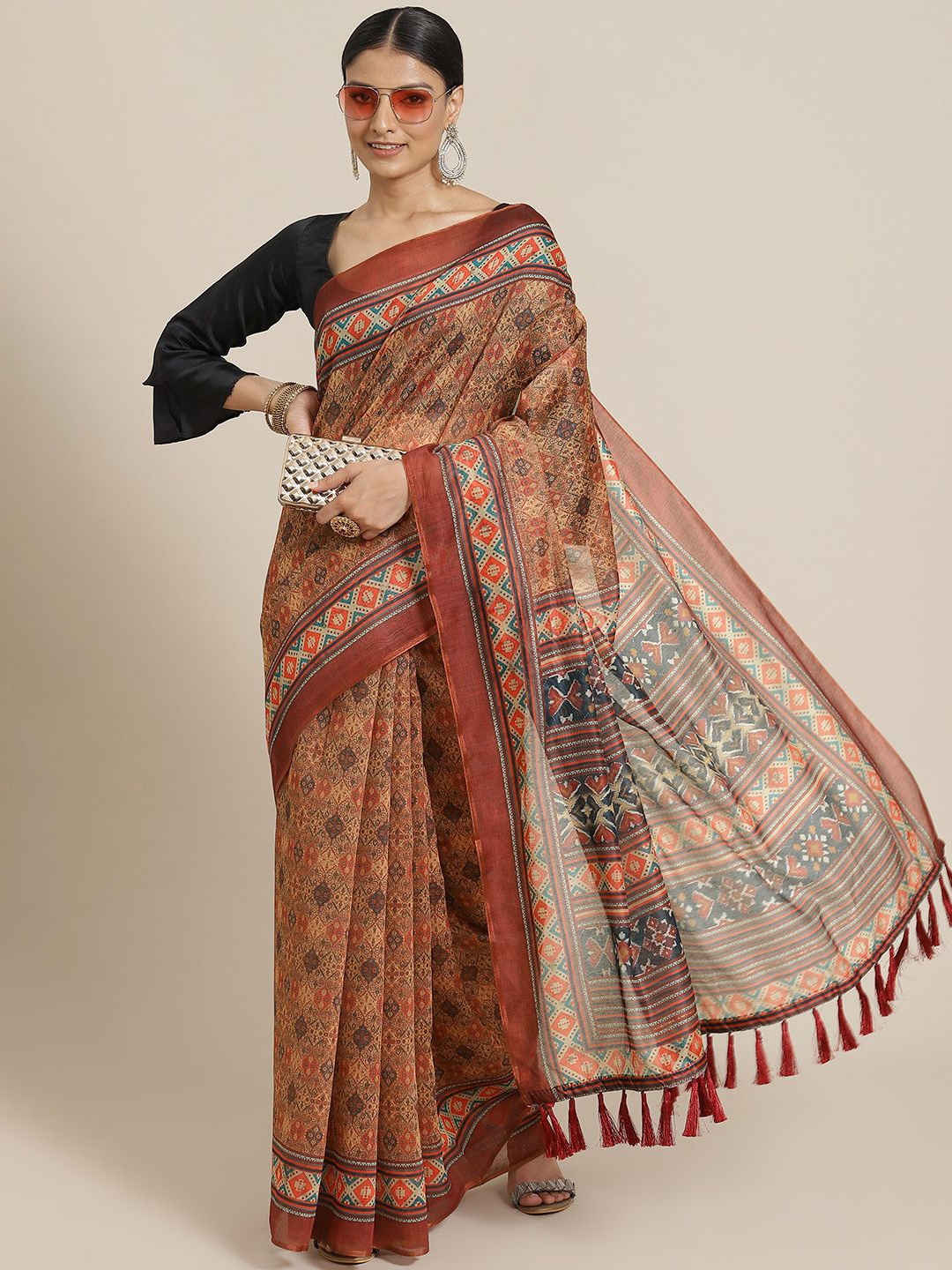 

DIVASTRI Digital Printed Kalamkari Chanderi Cotton Saree With Tassels, Brown