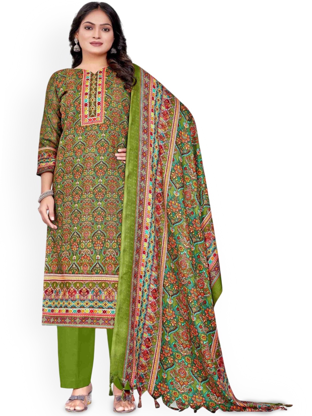 

DRAVINAM Trends Floral Printed Unstitched Dress Material, Green
