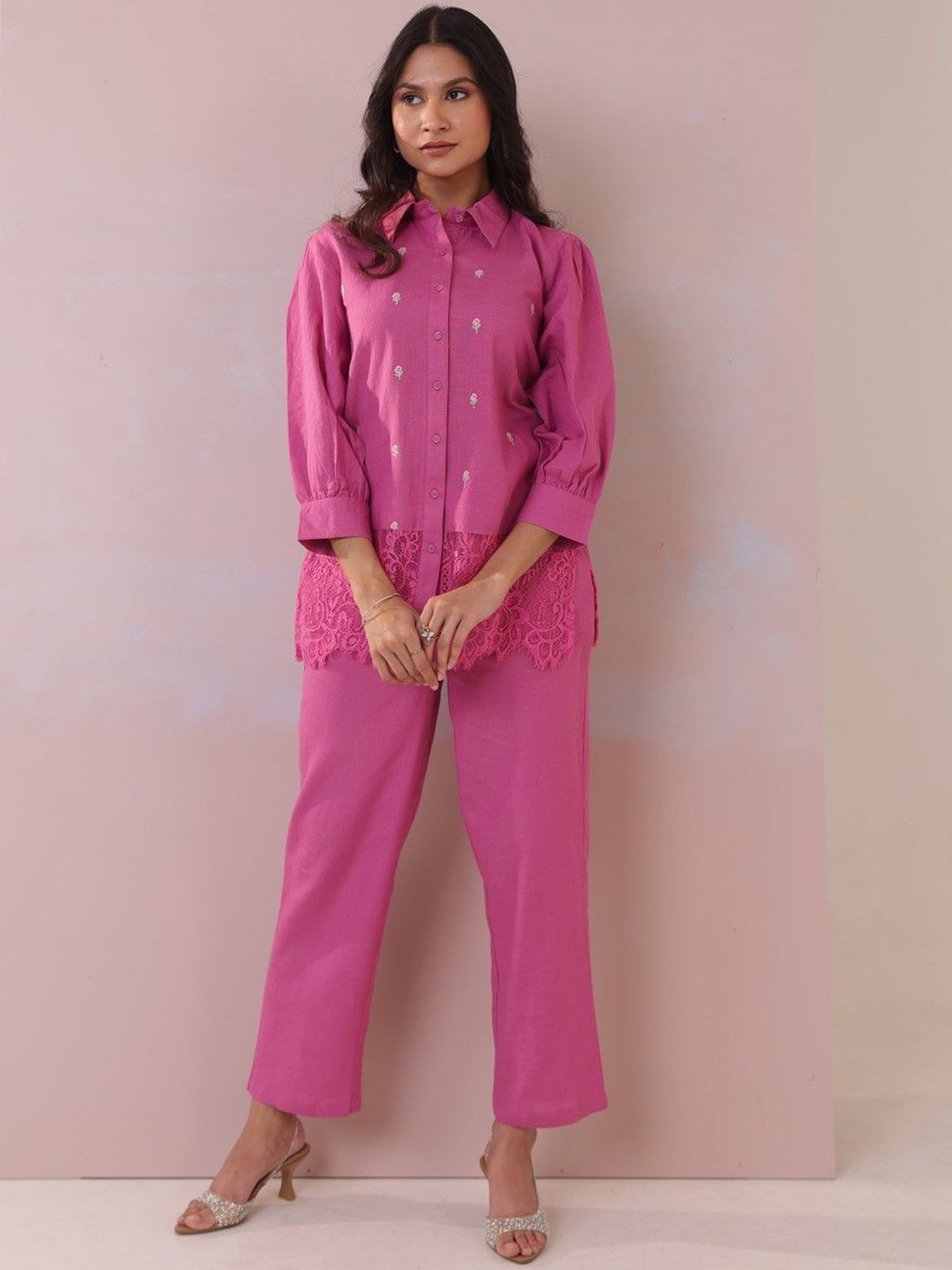 

AUTUMN LANEFloral Embroidery Lace Work Pure Cotton Shirt With Trousers, Pink