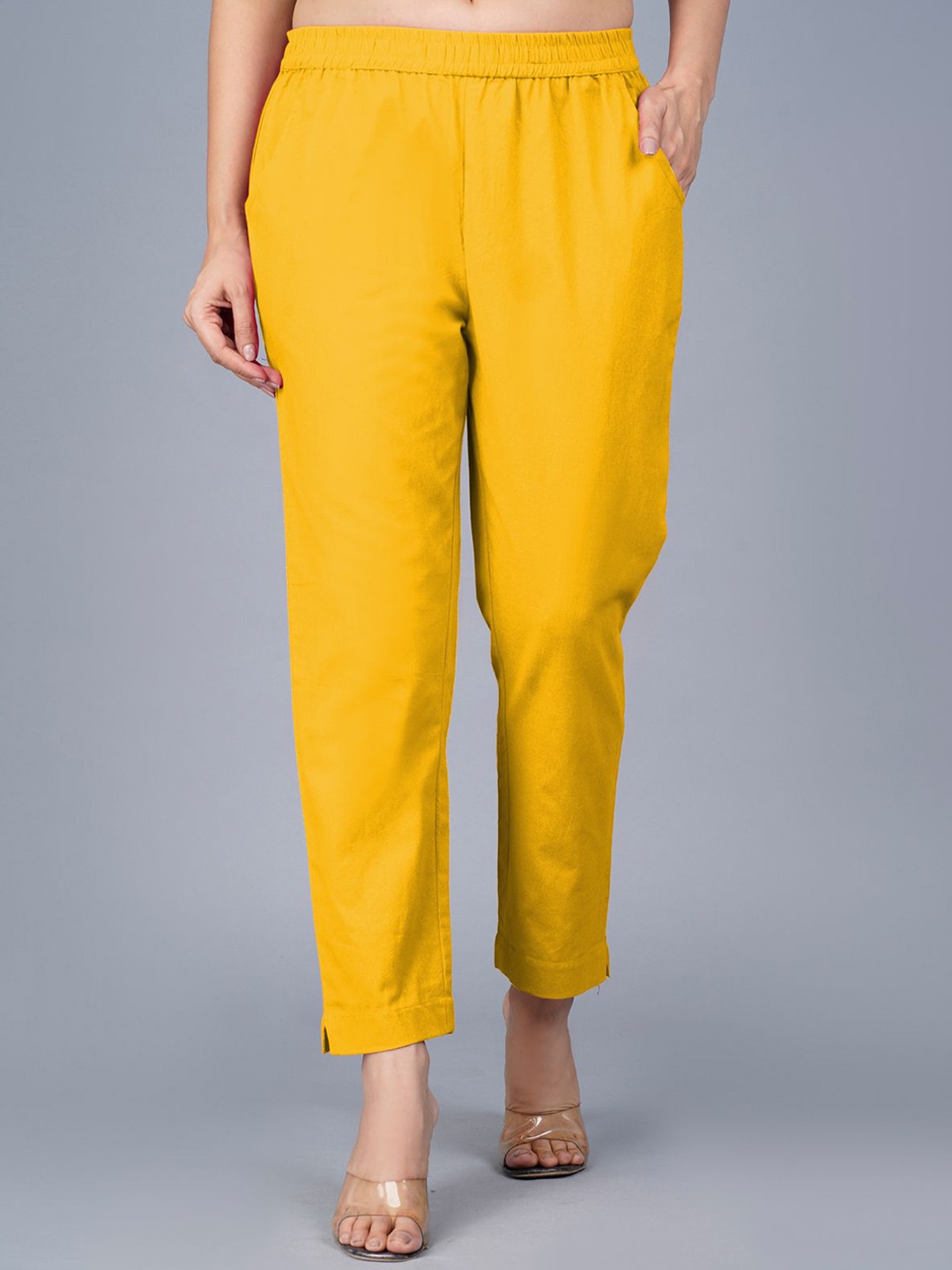 

GiftyBasket Women Cotton Regular Fit Mid-Rise Trousers, Yellow