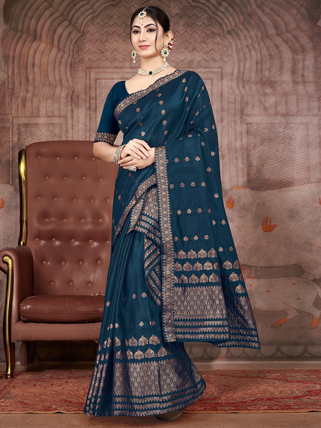 

KAMDAR Woven Design Poly Mixpat Silk Mekhela Chador Assamese Saree, Teal