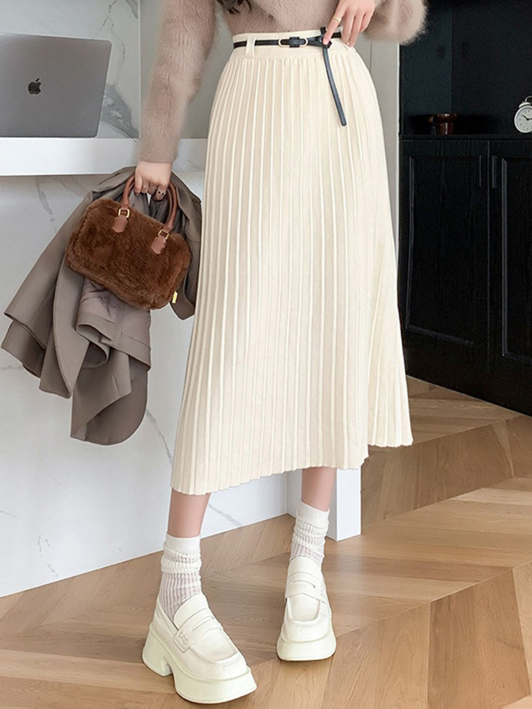 

bebe Acrylic A-Line Midi Skirt, Off white