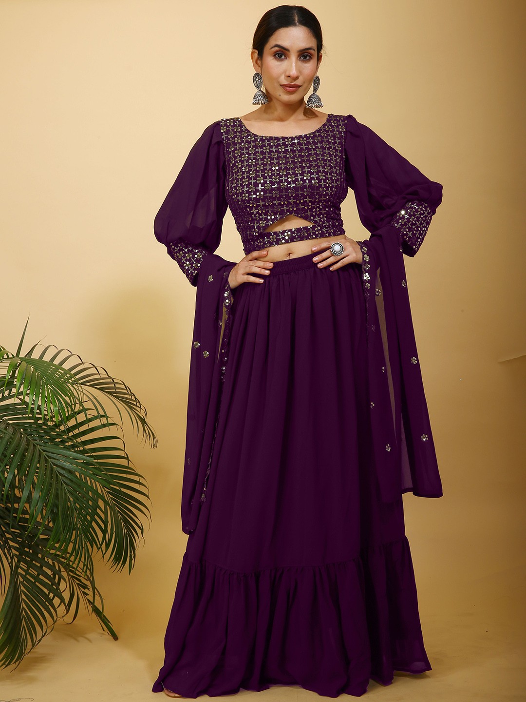 

SANCIA Geometric Embroidered Puffed Sleeves Sequinned Top With Skirt & Dupatta, Purple