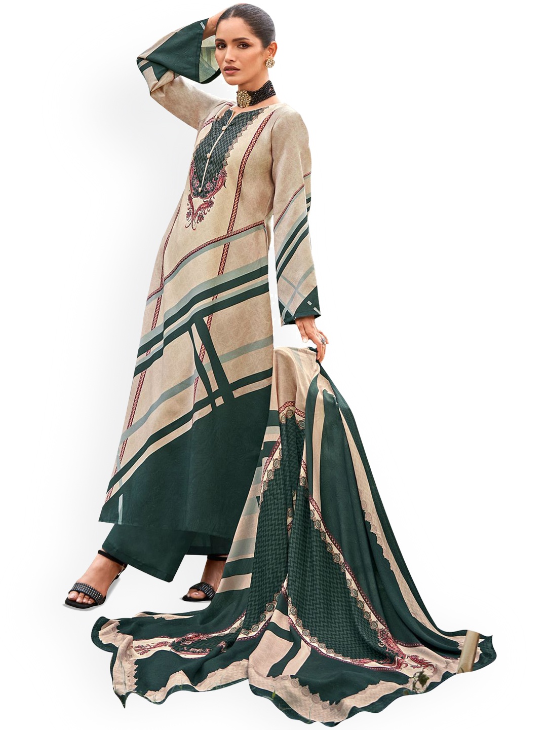 

DRAVINAM Trends Geometric Printed Pashmina Unstitched Dress Material, Green