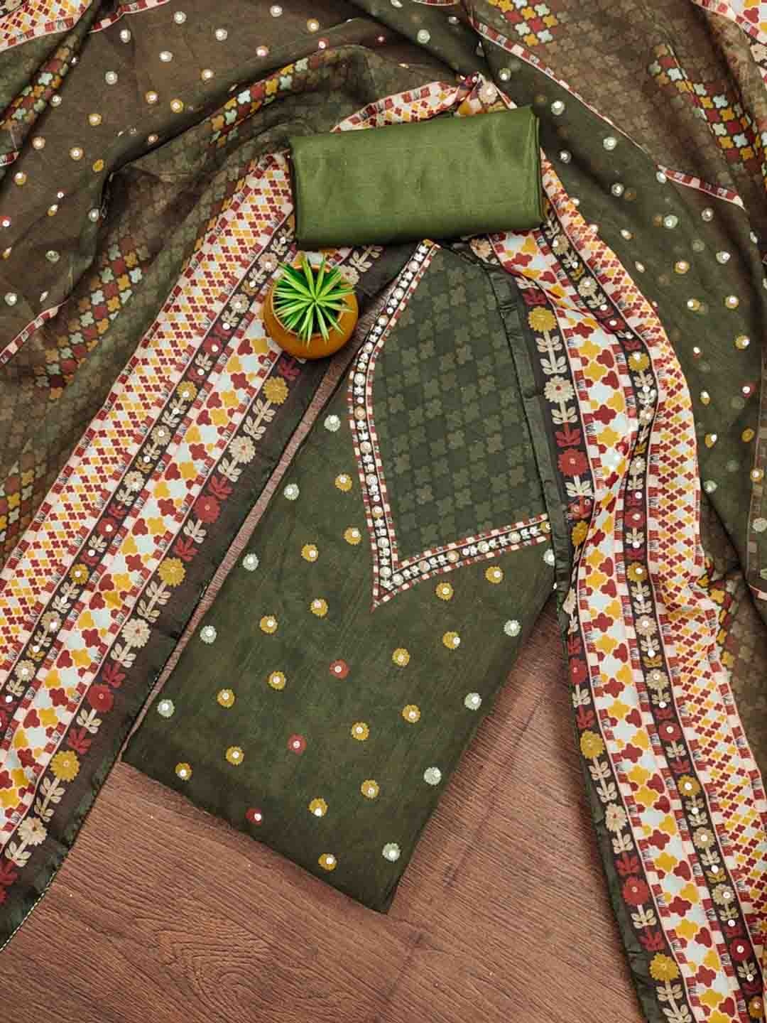 

KALINI Embellished Organza Unstitched Dress Material, Green