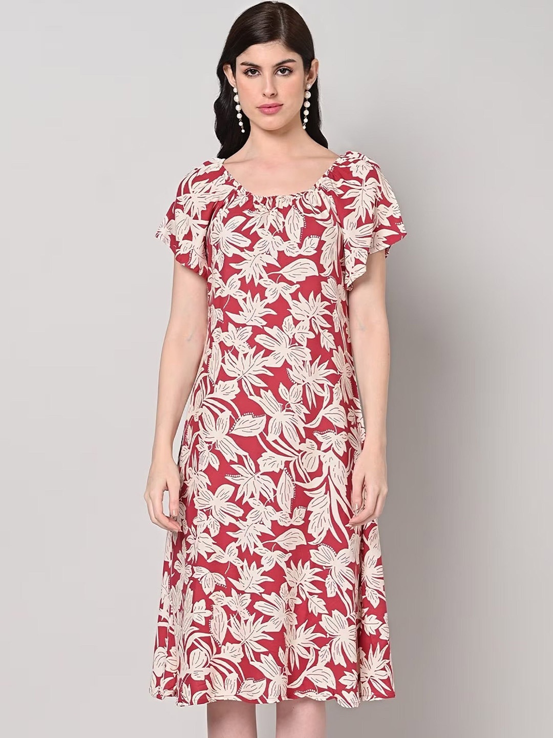 

SAKURA Floral Printed Liva A-Line Dress, Red