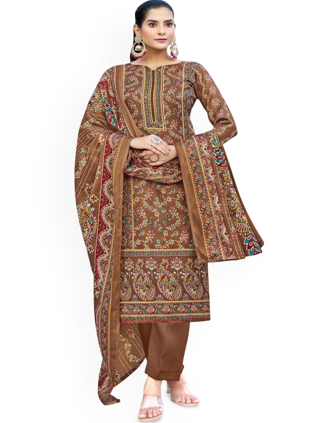 

DRAVINAM Trends Ethnic Motifs Printed Pashmina Unstitched Dress Material, Brown