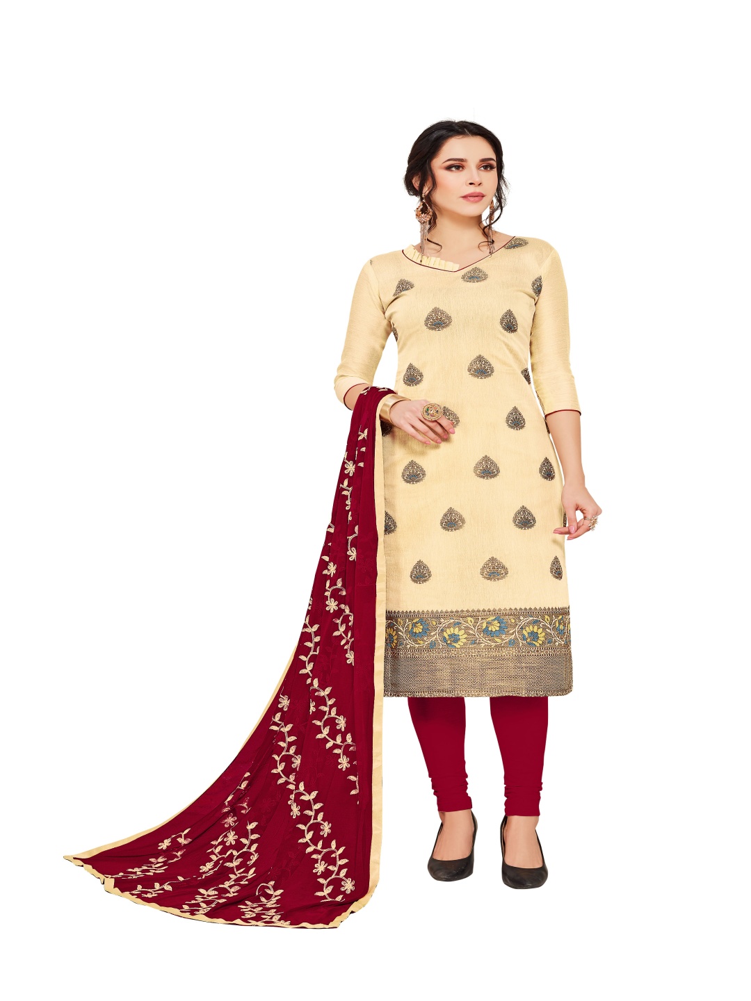 

HERE&NOW Floral Woven Design Banarasi Silk Unstitched Dress Material, Cream