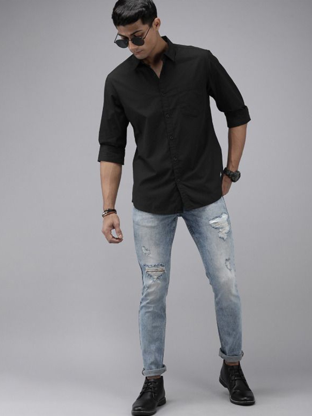

NANCHI Men Semi Sheer Casual Shirt, Black