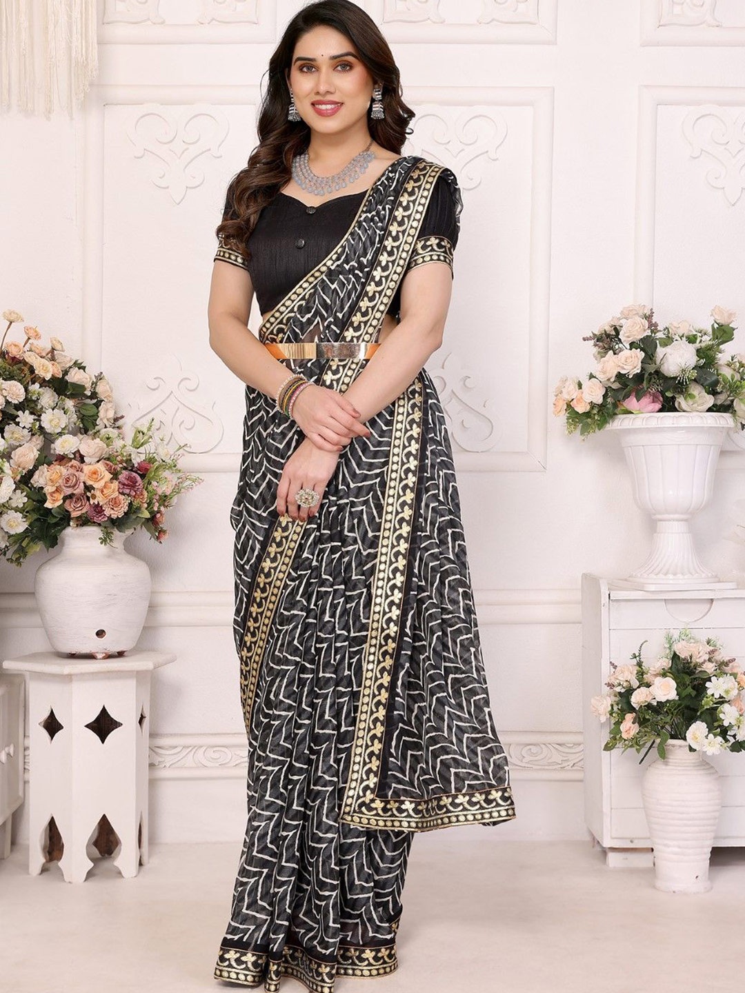 

KALINI Floral Poly Georgette Saree, Black