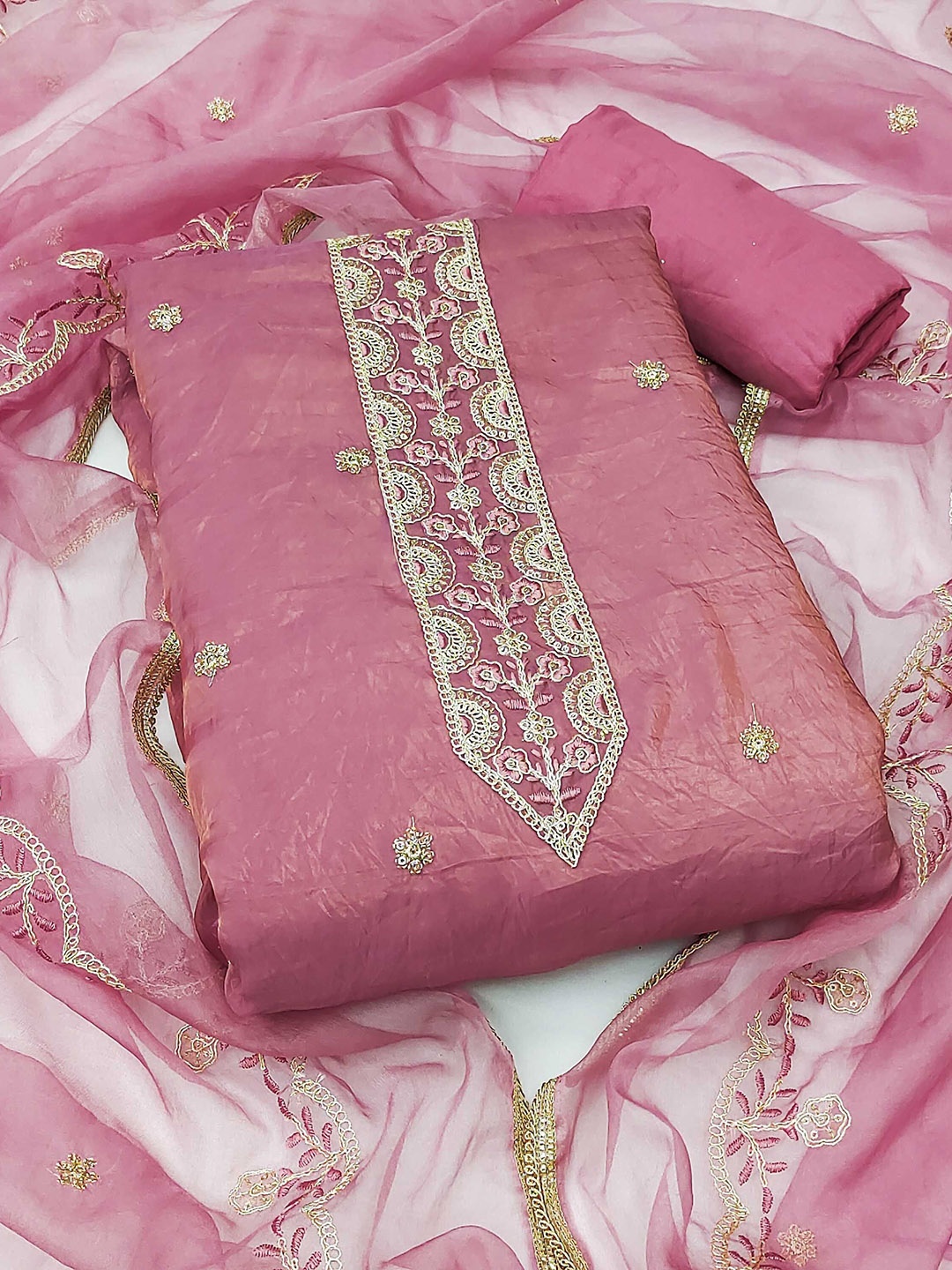 

KALINI Embroidered Pure Silk Unstitched Dress Material, Pink