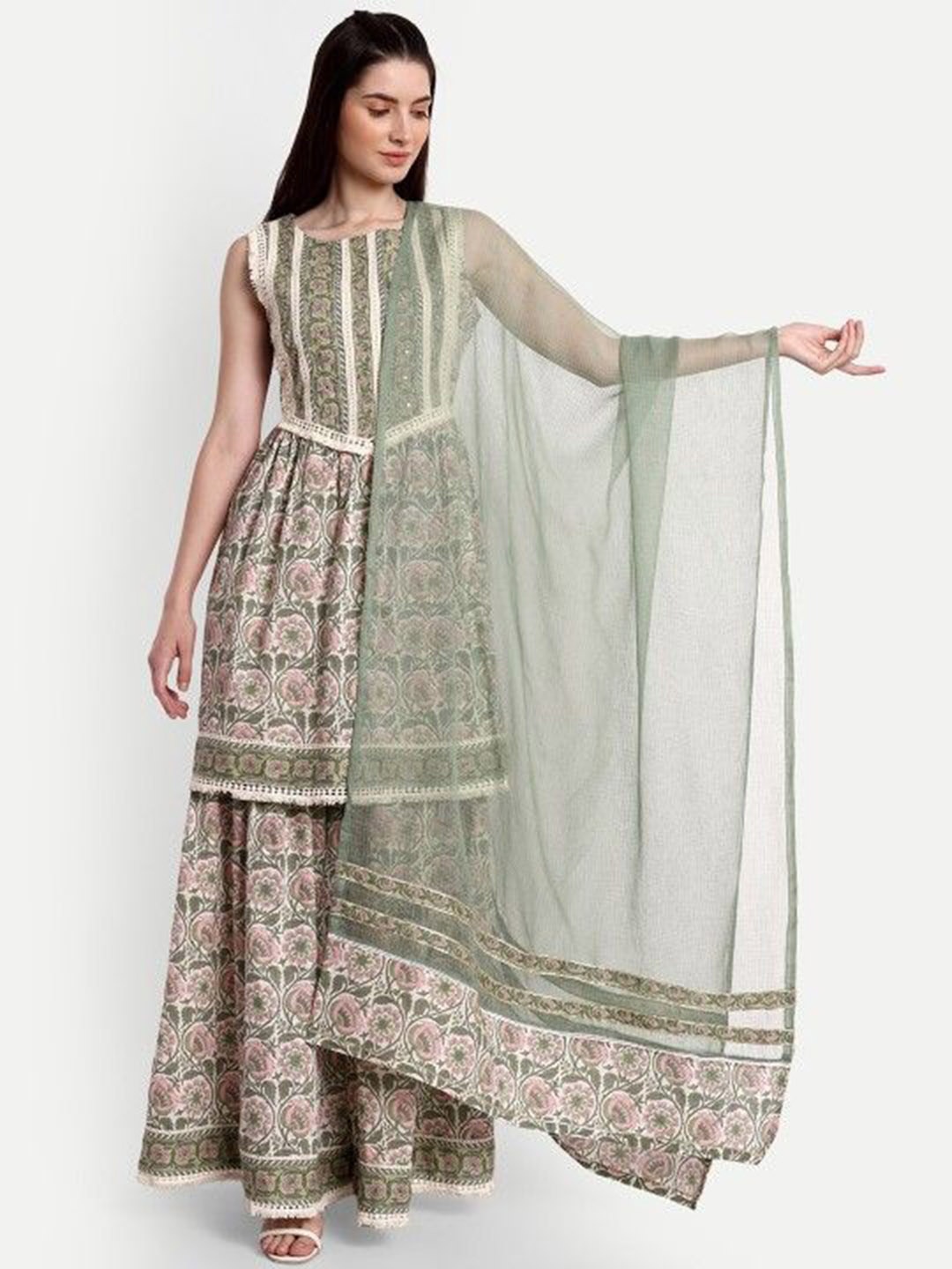 

Moda Rapido Women Floral Printed Regular Thread Work Pure Cotton Kurta with Palazzos & With Dupatta, Green