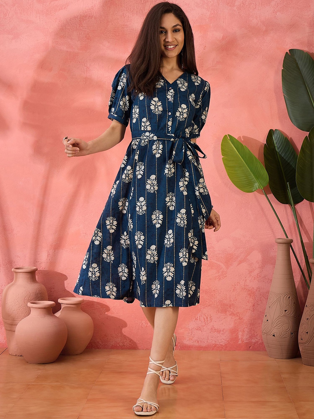 

Sangria Printed Pure Cotton A-Line Ethnic Dress, Navy blue