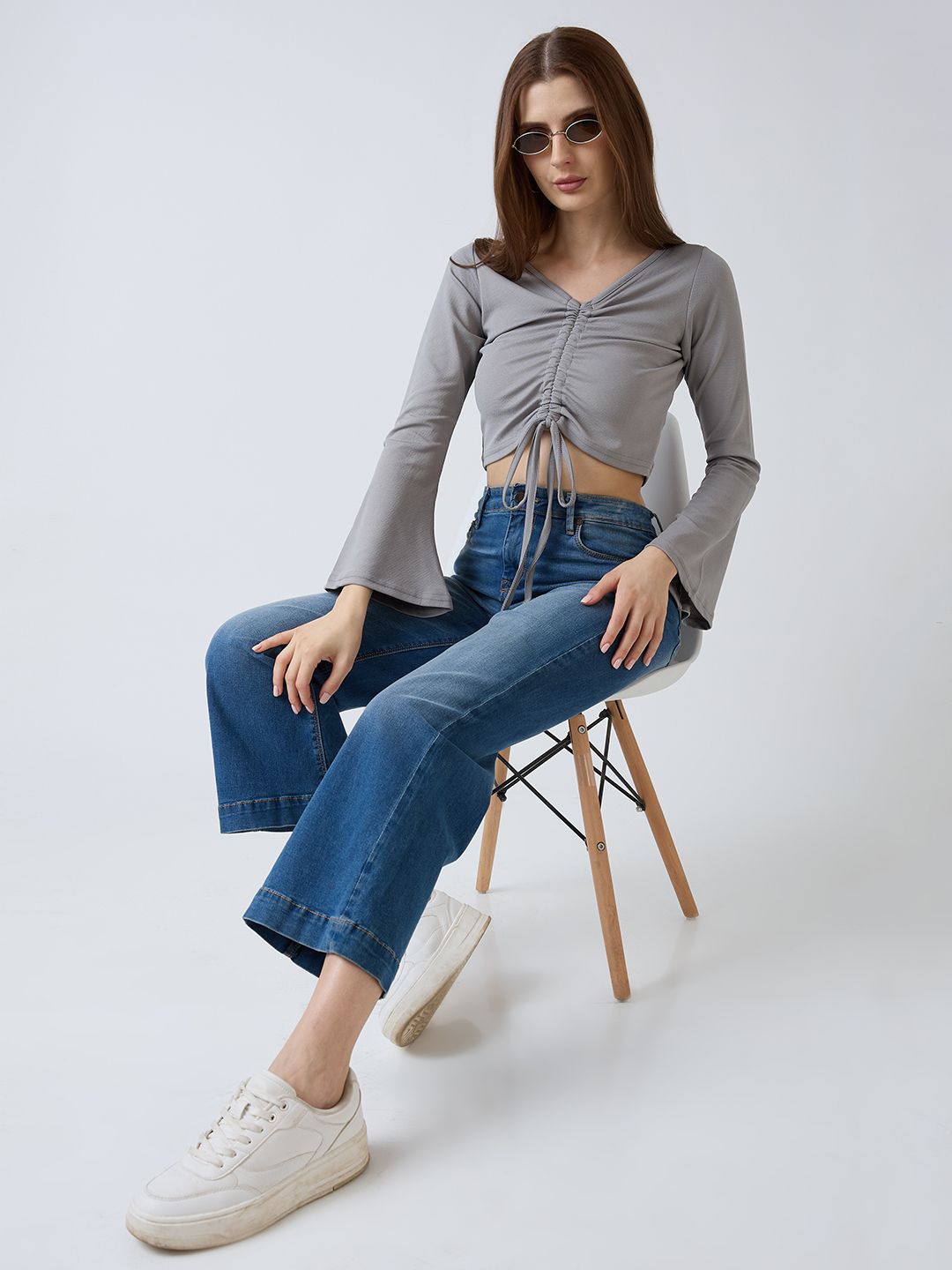 

SZN Bell Sleeve Crop Top, Grey