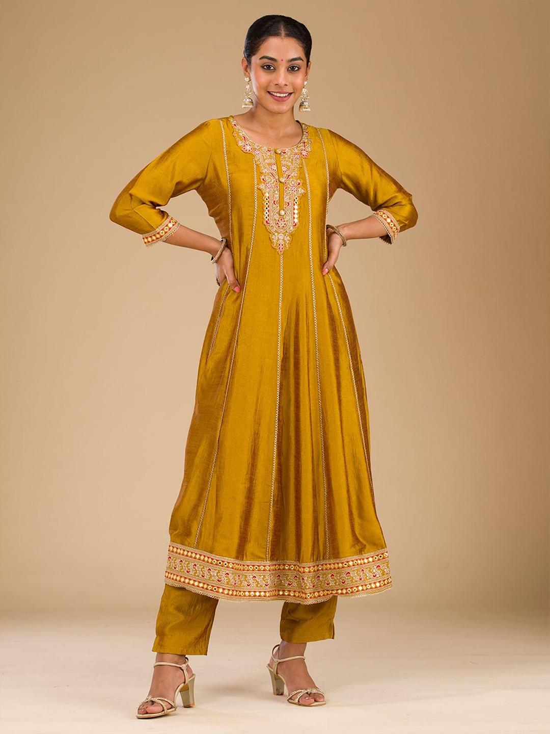 

Koskii Floral Embroidered Mirror Work Raw Silk Anarkali Kurta With Trousers & Dupatta, Mustard