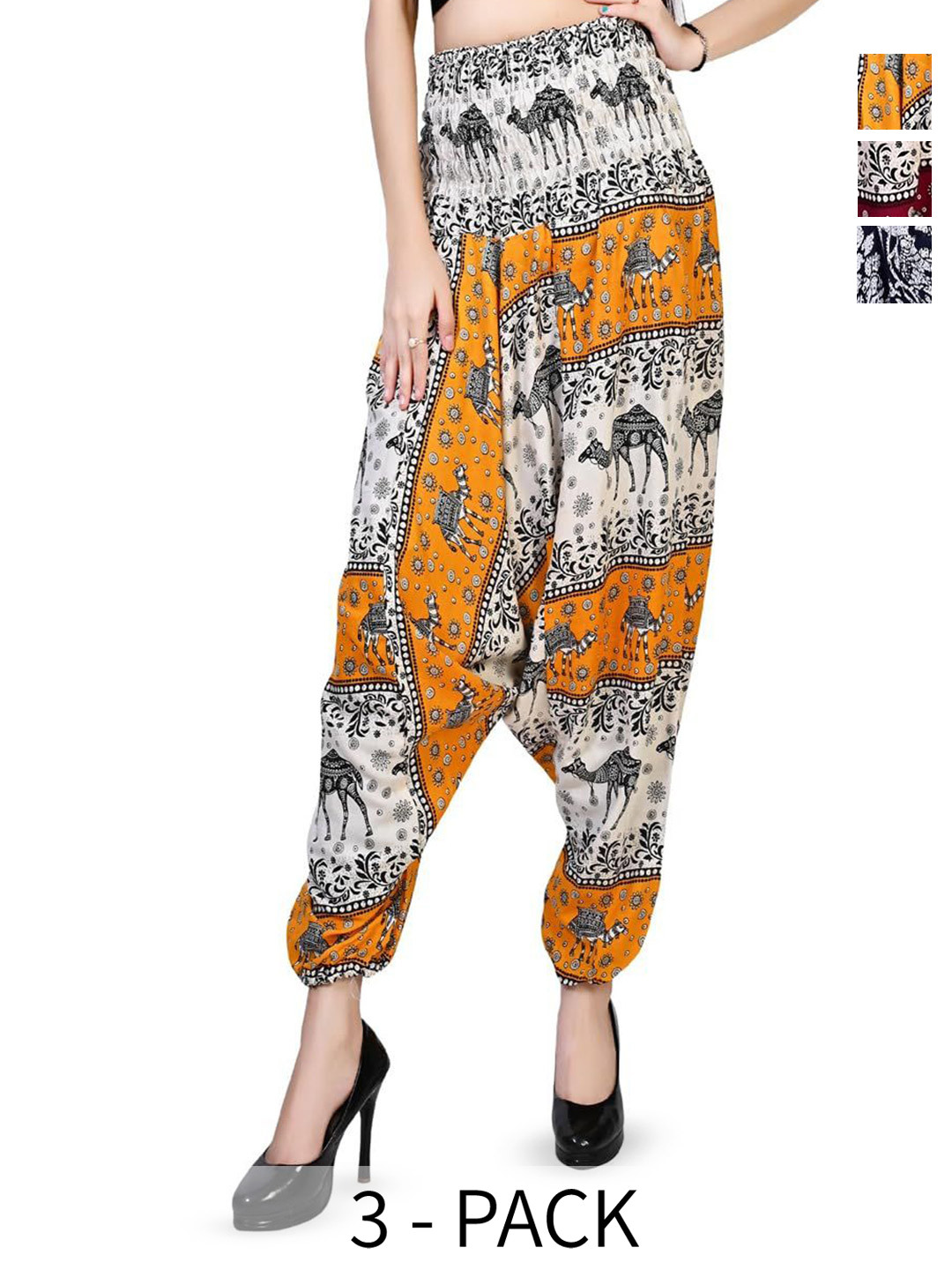 

NarNari Women Pack of 3 Printed High-Rise Harem Pants, Navy blue