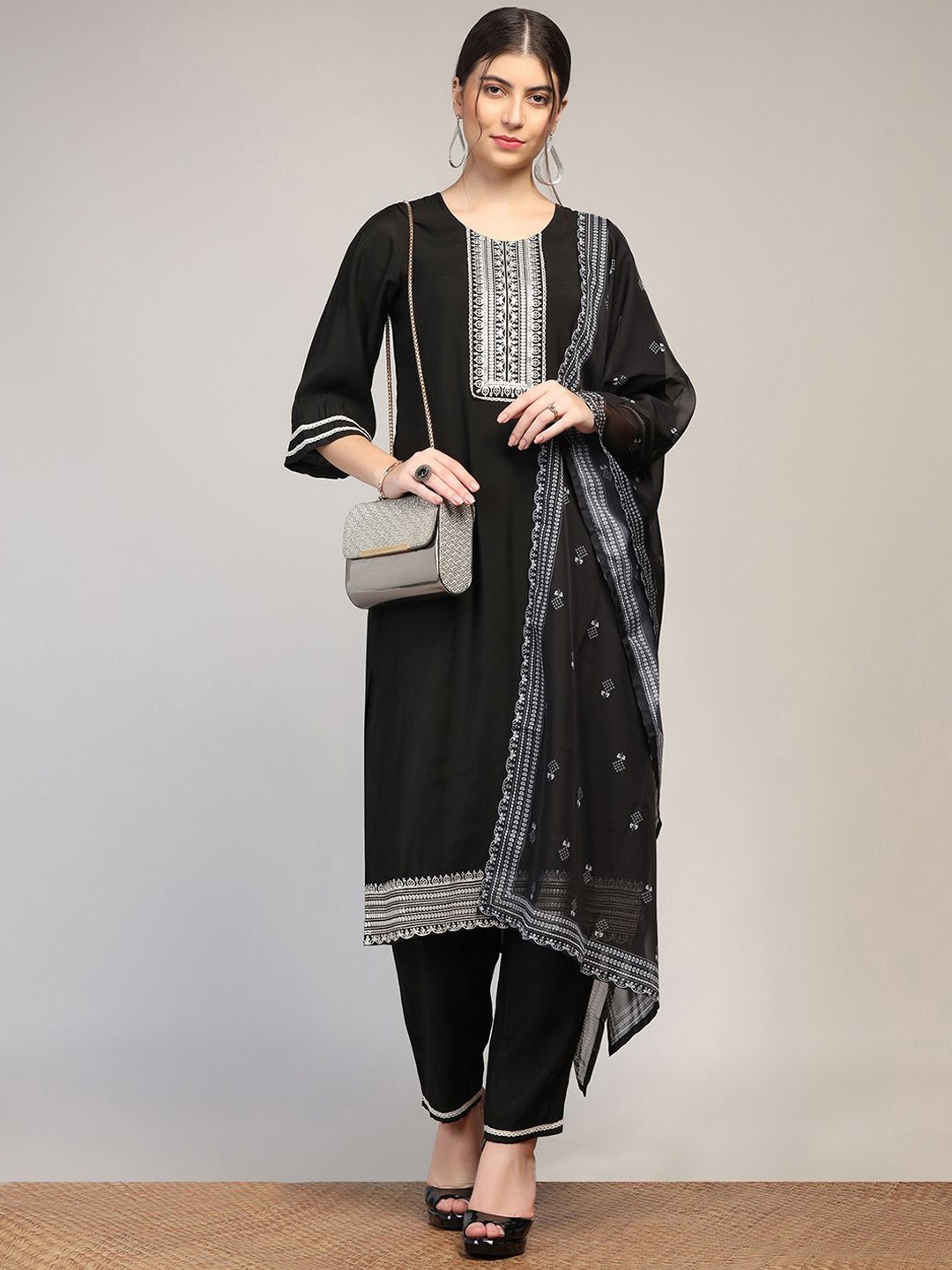 

Moda Rapido Black Floral Yoke Design Embroidered Straight Kurta With Trouser And Dupatta