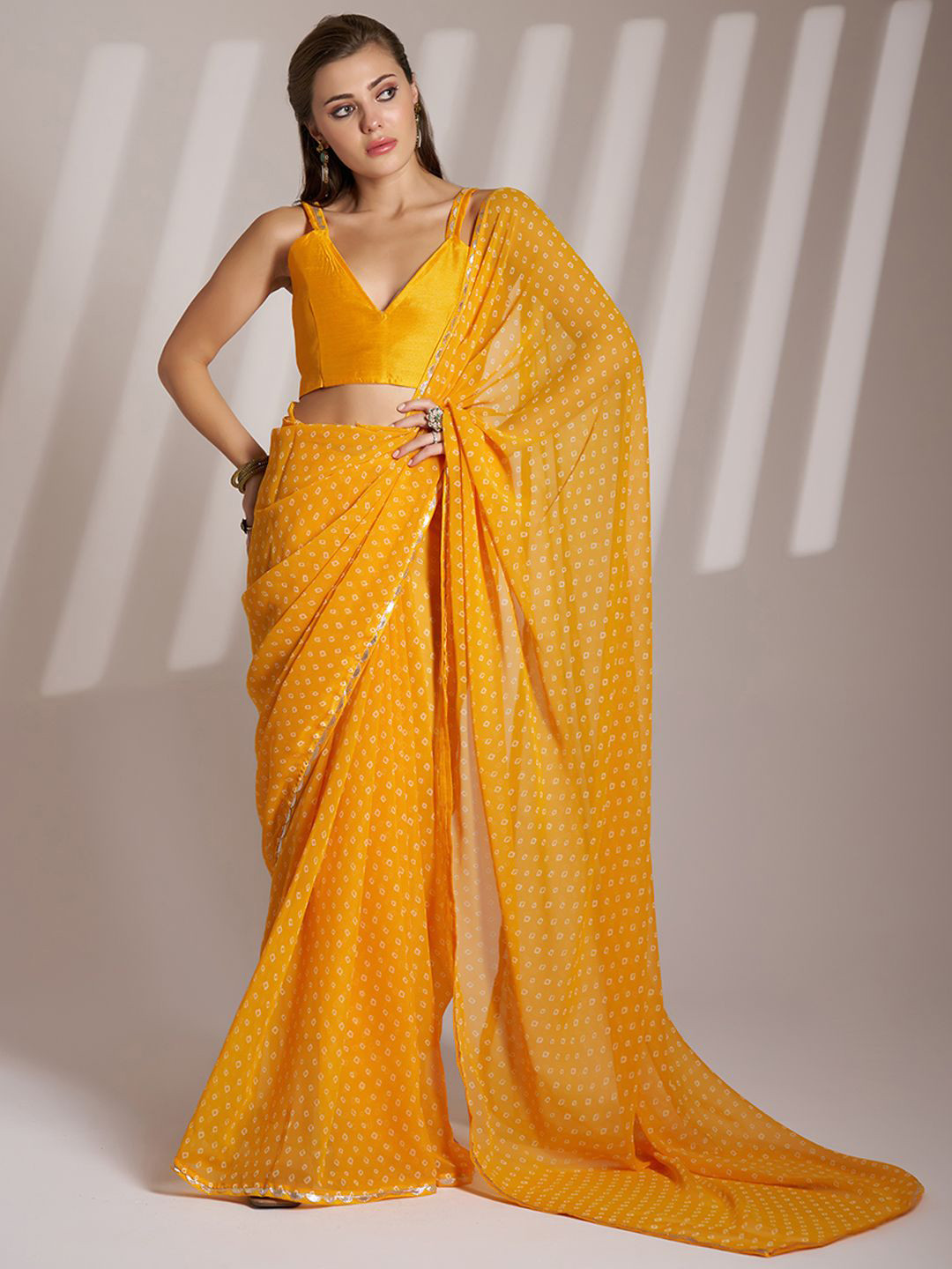 

Kalista Bandhani Pure Georgette Bandhani Saree, Yellow