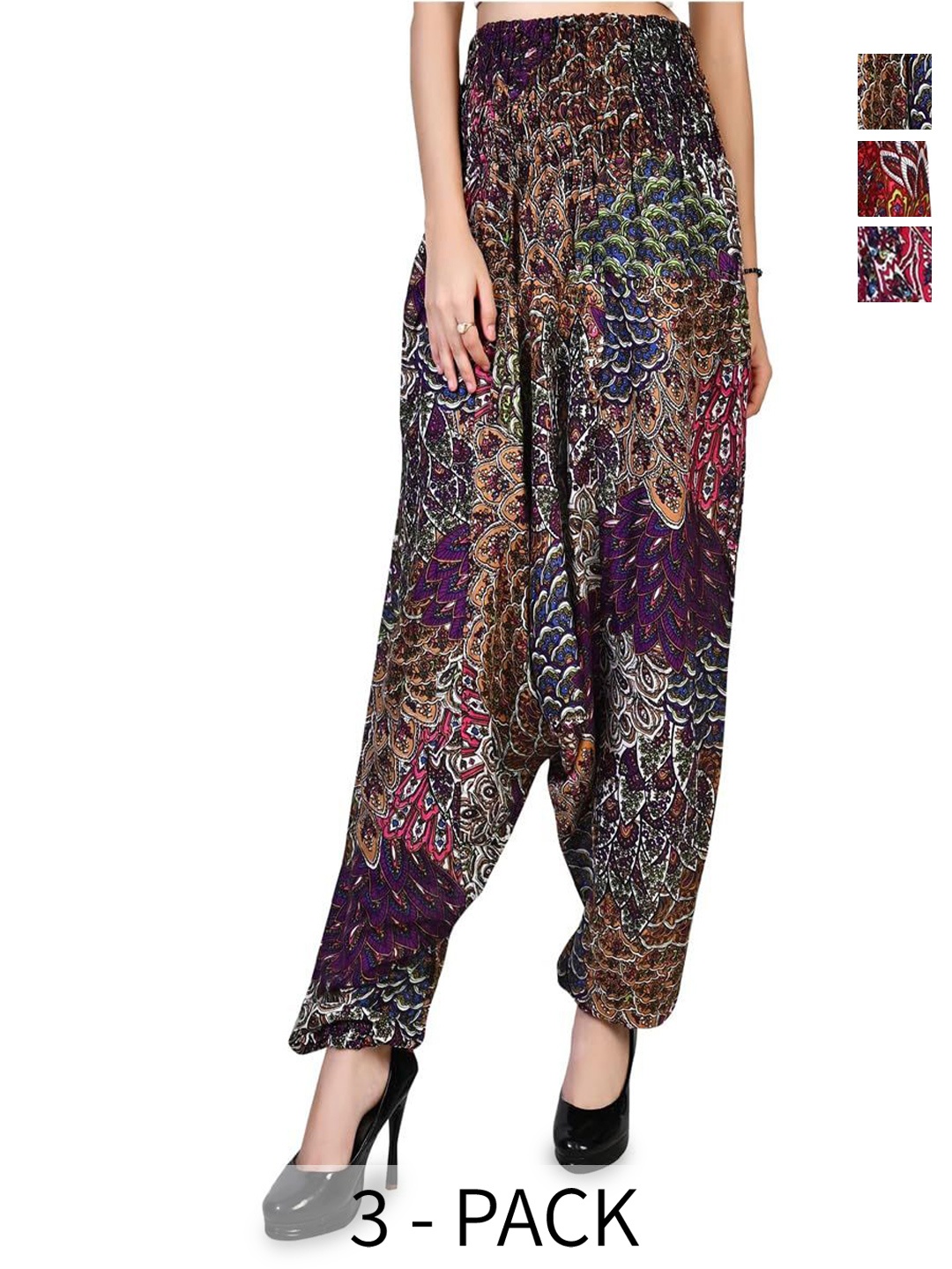 

NarNari Women Pack Of 3 Printed Mid-Rise Harem Pants, Maroon