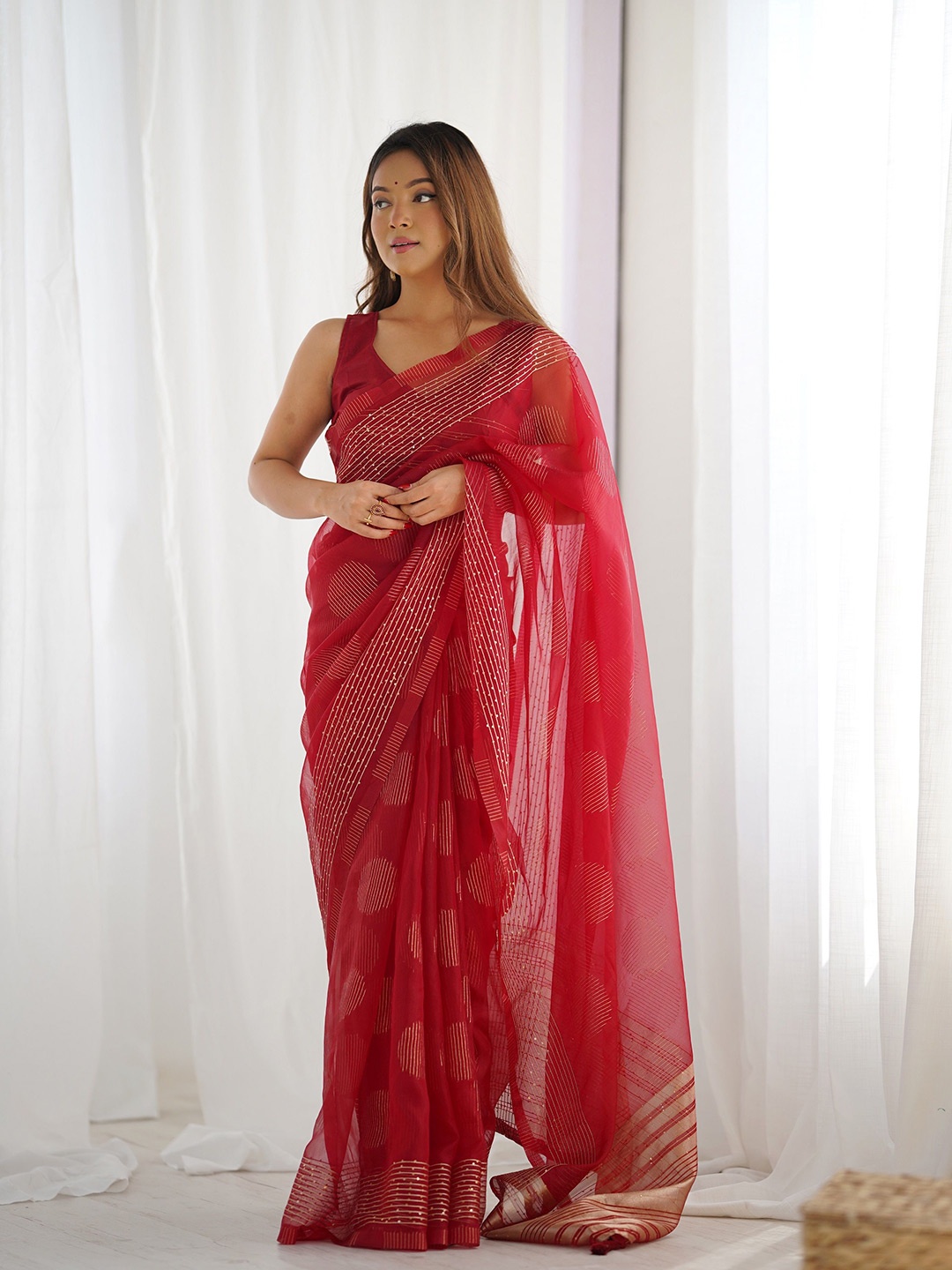 

J.KANJI Striped Sequinned Organza Khadi Saree, Red