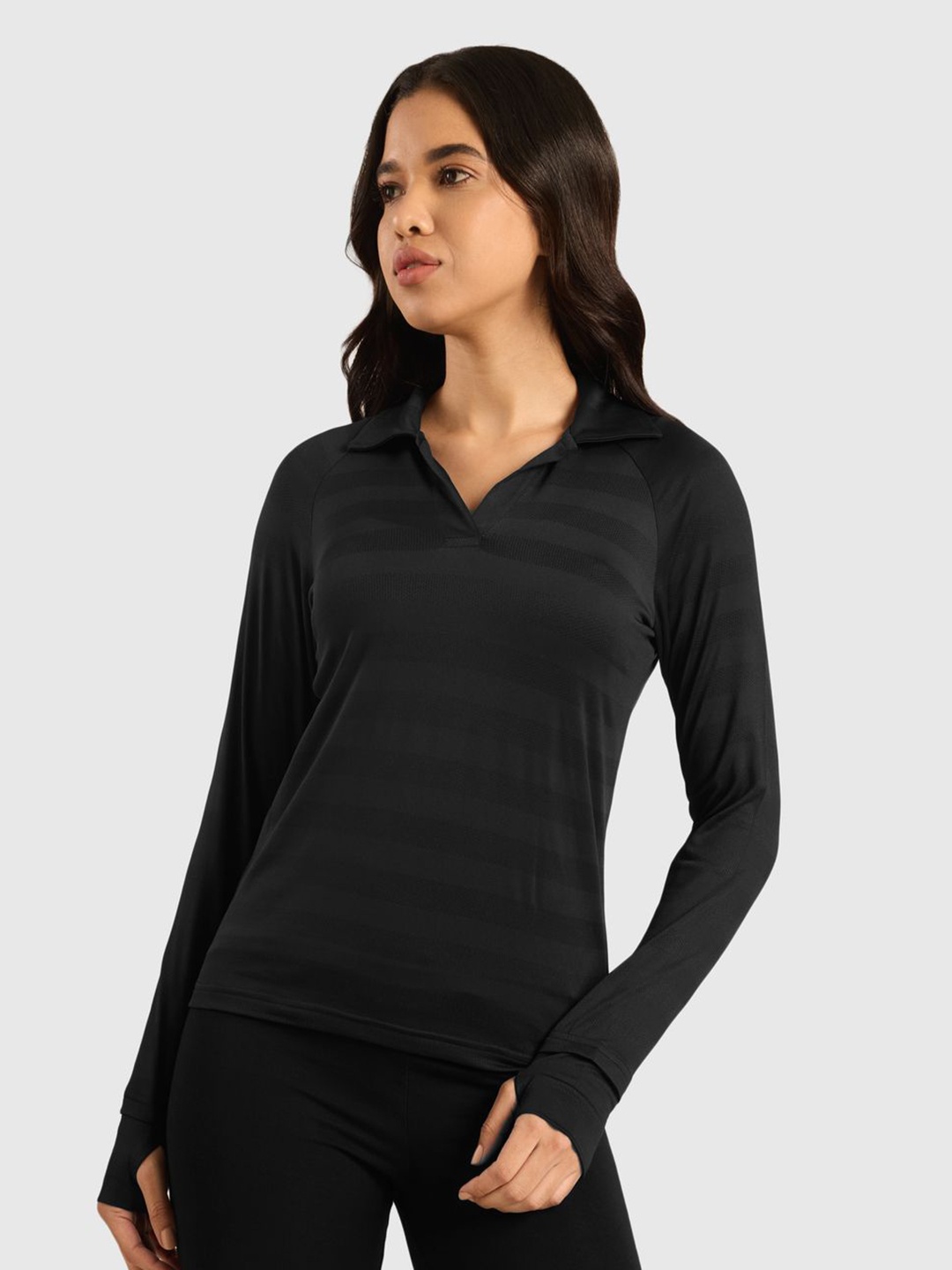 

Musclemind Women Self Design Polo CollarT-shirt, Black