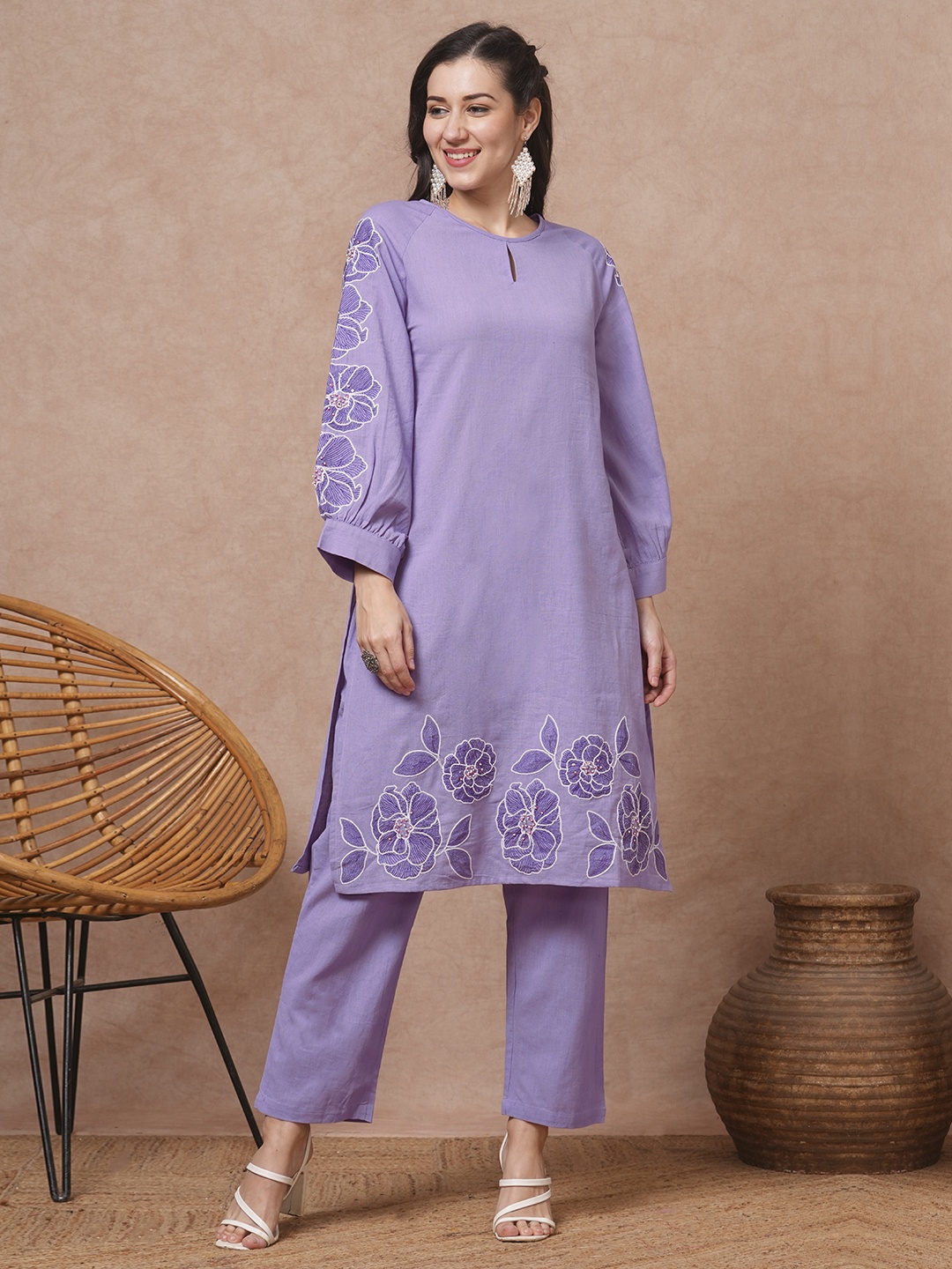 

FASHOR Embroidered Round Neck Cotton Tunic With Trousers Co-Ords, Lavender