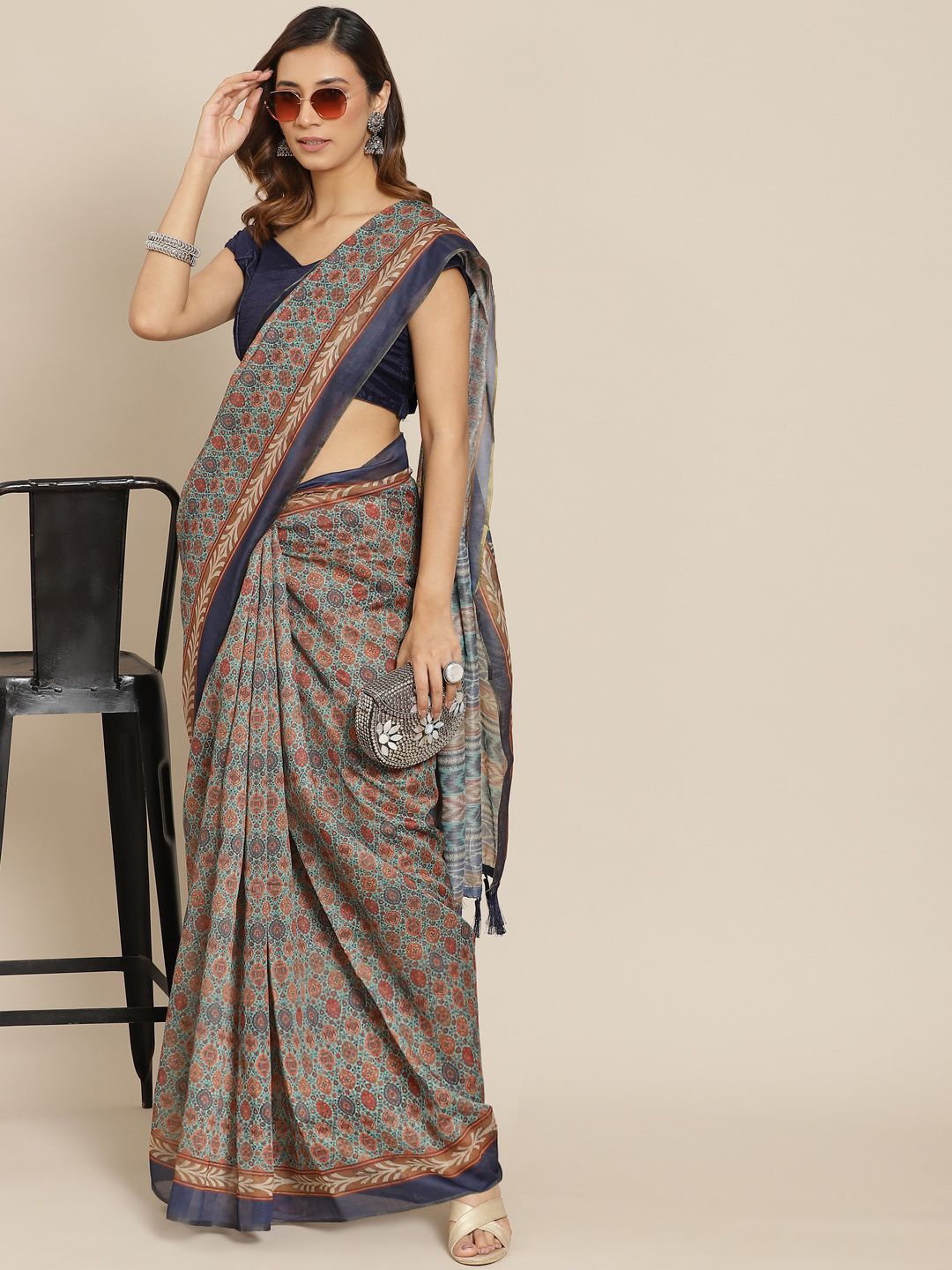 

DIVASTRI Digital Printed Kalamkari Chanderi Cotton Saree with Tassels, Brown