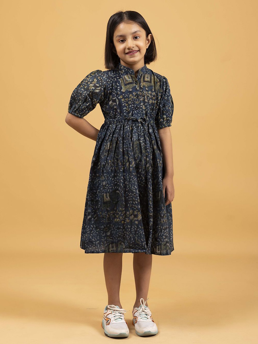 

SPARSA Ethnic Motifs Print Fit & Flare Midi Dress, Navy blue