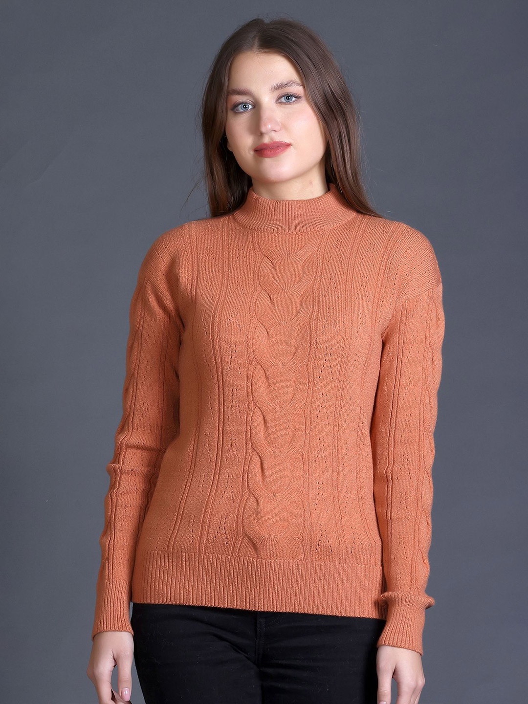

GODFREY Women Cable Knit Woollen Pullover, Orange