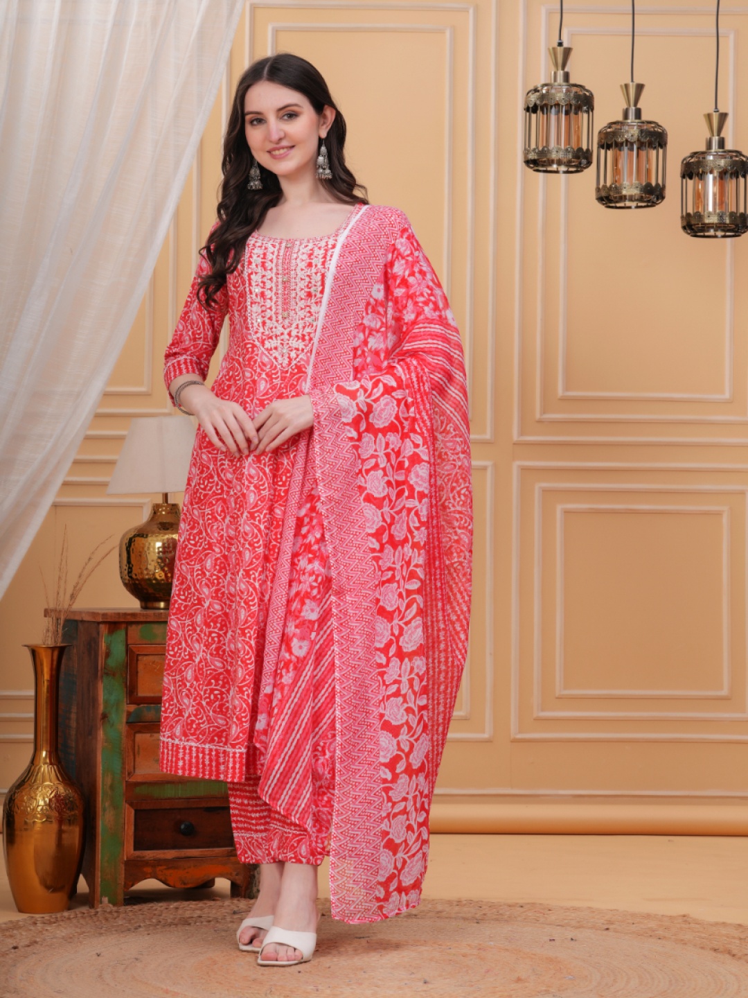 

KALINI Floral Printed Panelled Anarkali Kurta With Trousers & Dupatta, Red