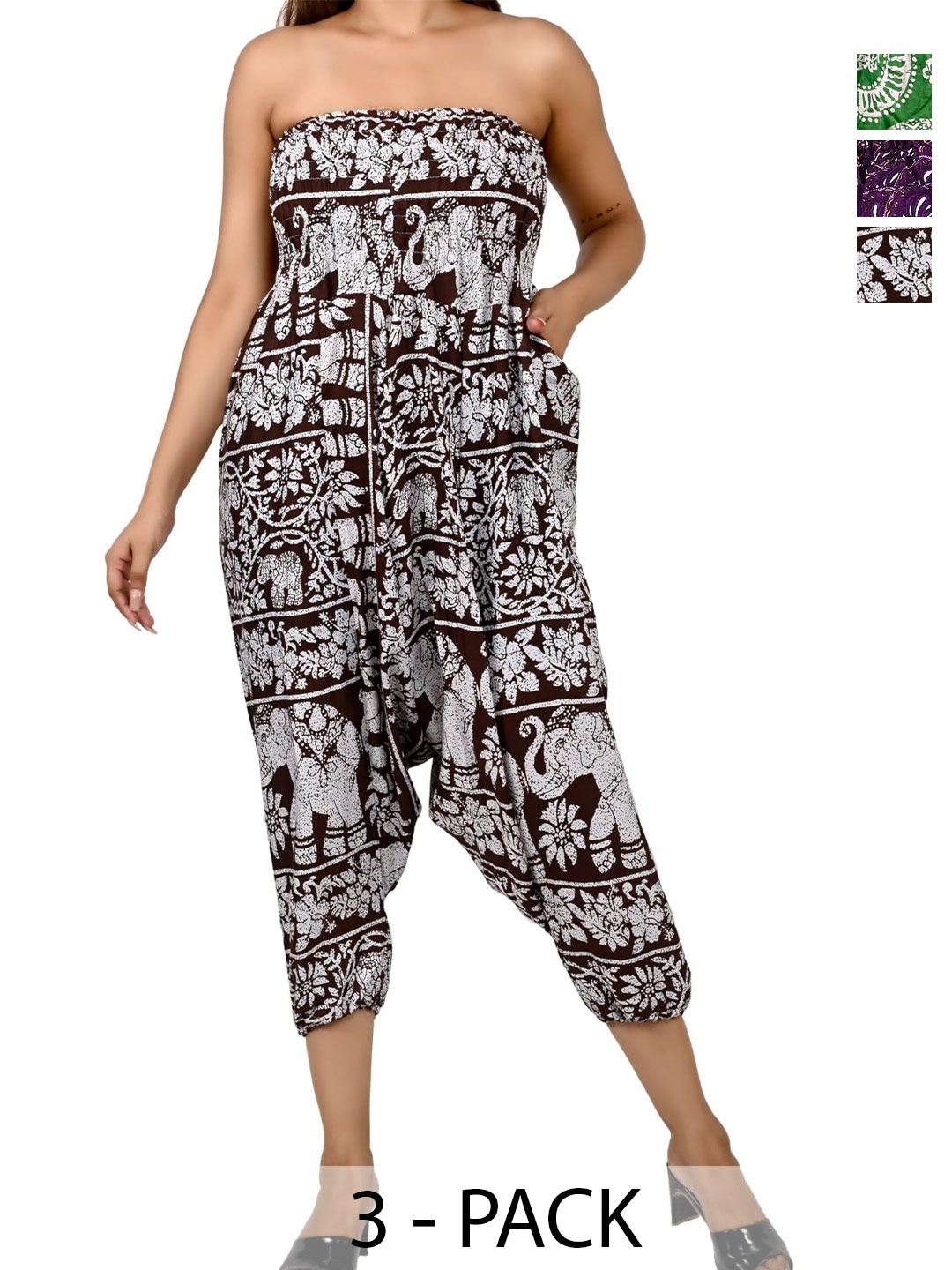 

NarNari Women Pack Of 3 Printed Mid-Rise Harem Pants, Brown