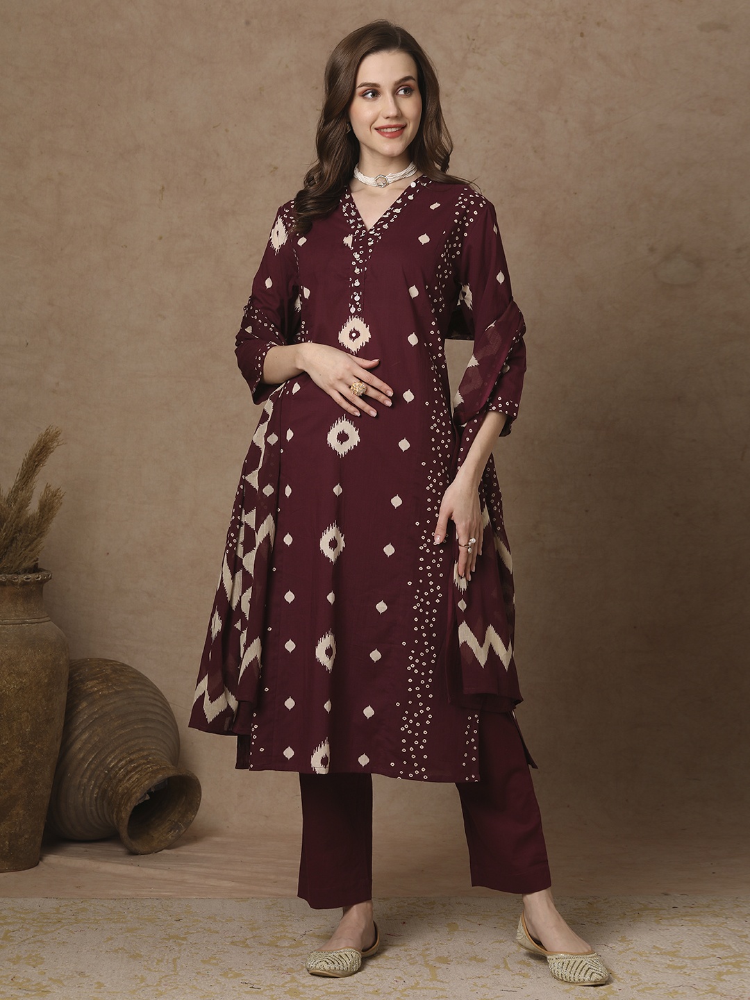 

FASHOR Women Printed Regular Sequinned Pure Cotton Kurta with Trousers & With Dupatta, Burgundy