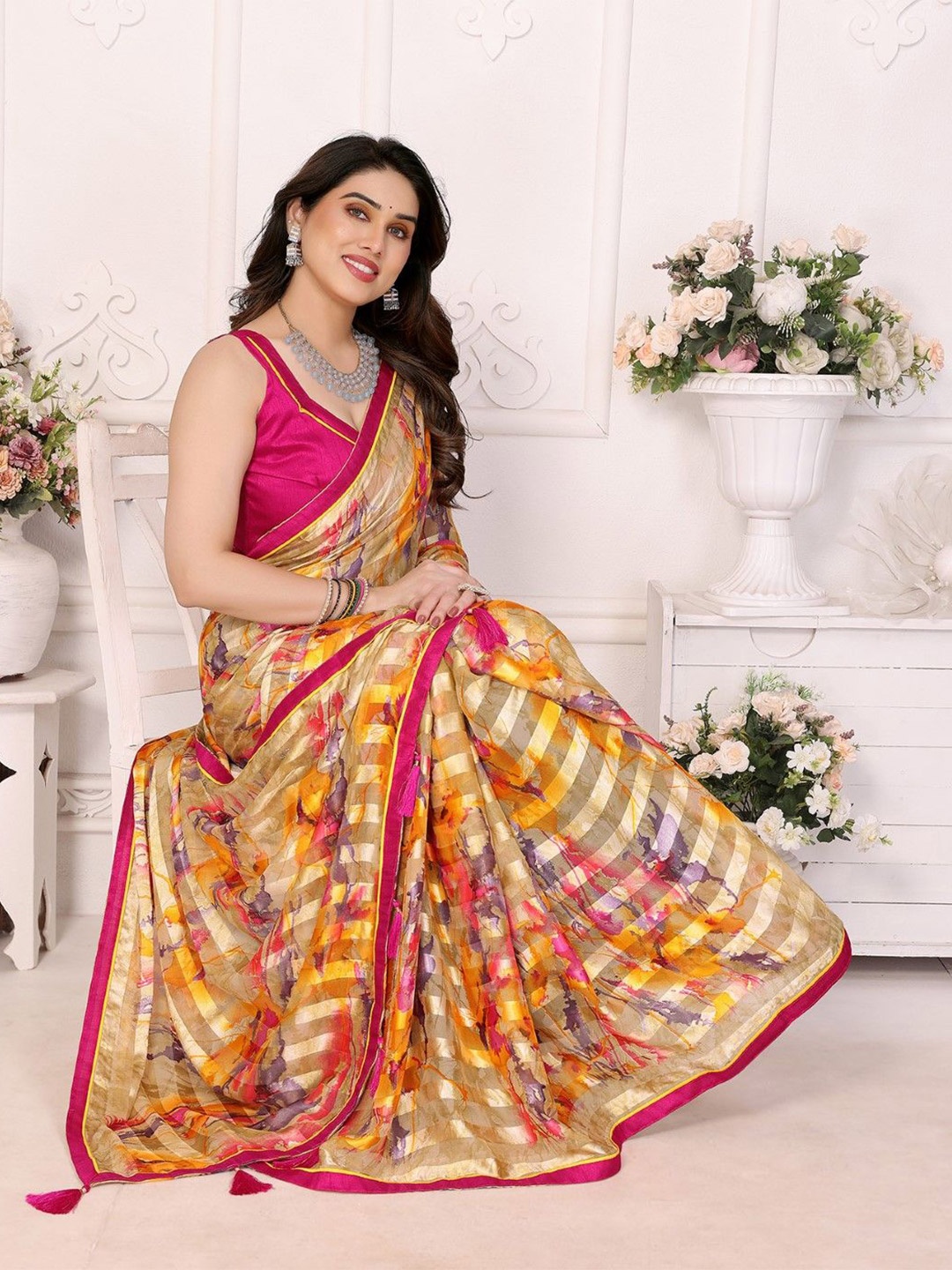 

KALINI Floral Satin Saree, Beige