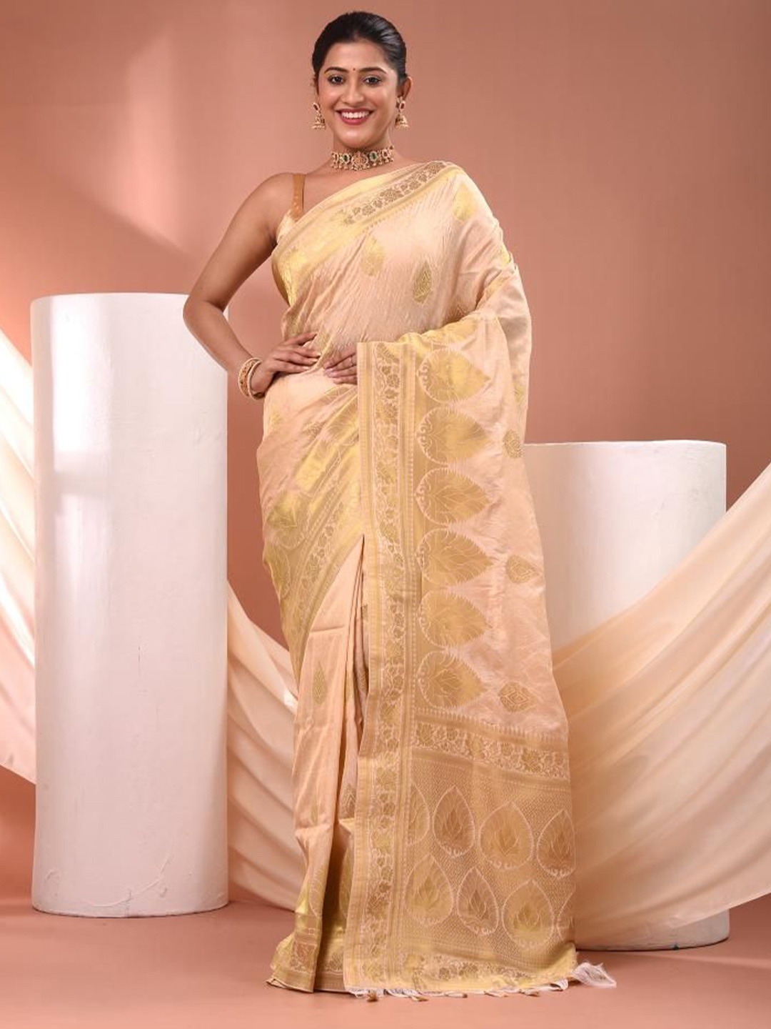 

VIBHAVARI Ethnic Motifs Zari Saree With Blouse Piece, Beige