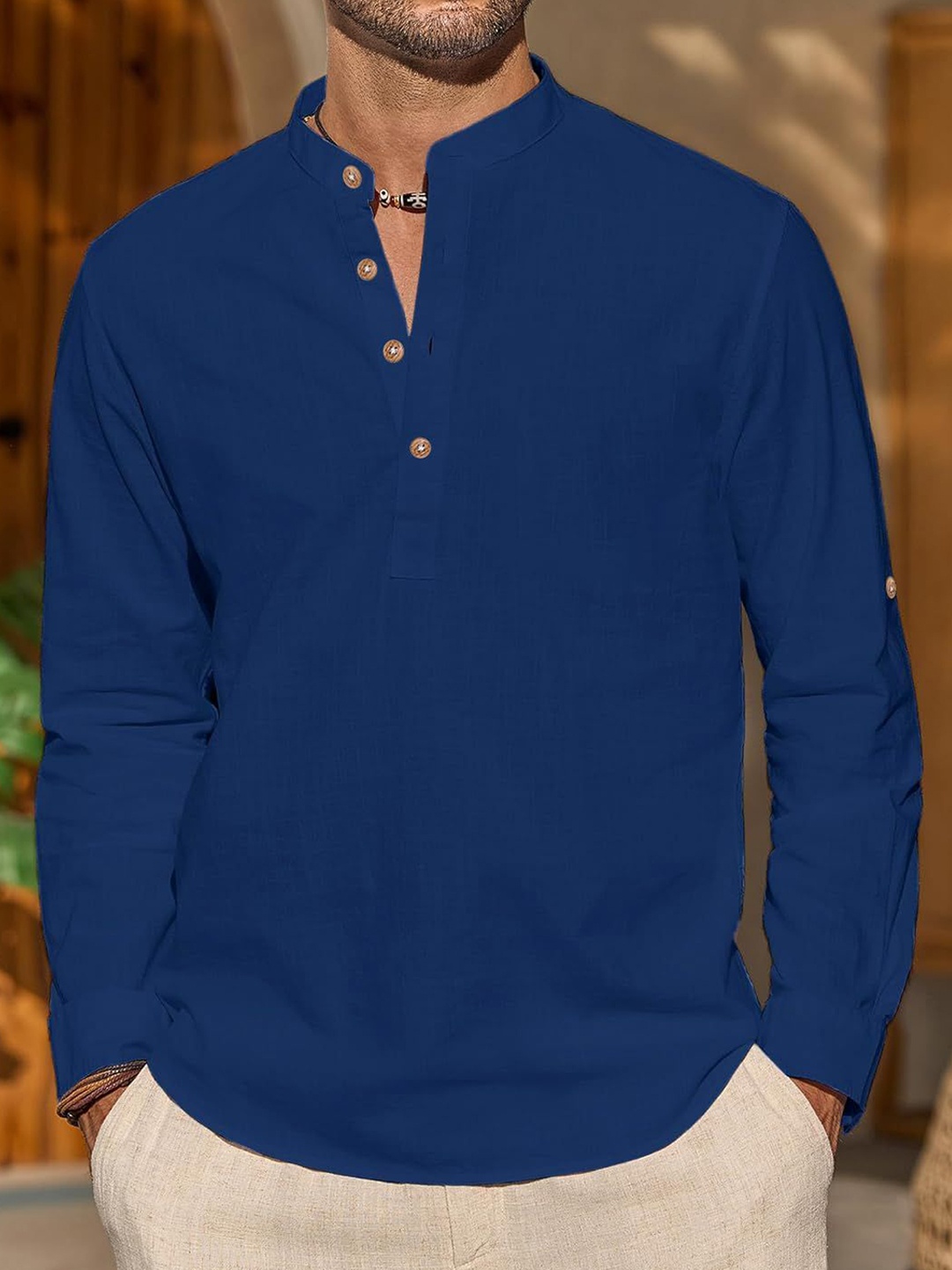 

Vida Loca Cotton Band Collar Slim Fit Short Kurta, Blue
