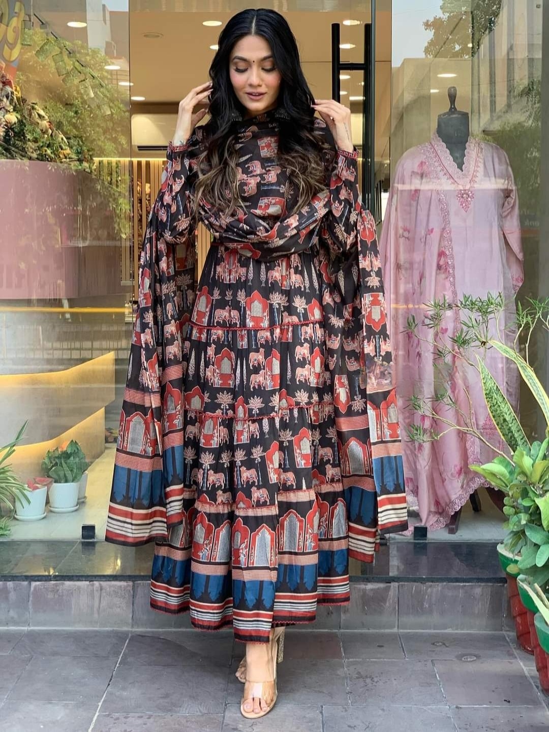 

Moda Rapido Floral Printed V Neck Anarkali Kurta With Trousers & Dupatta, Black