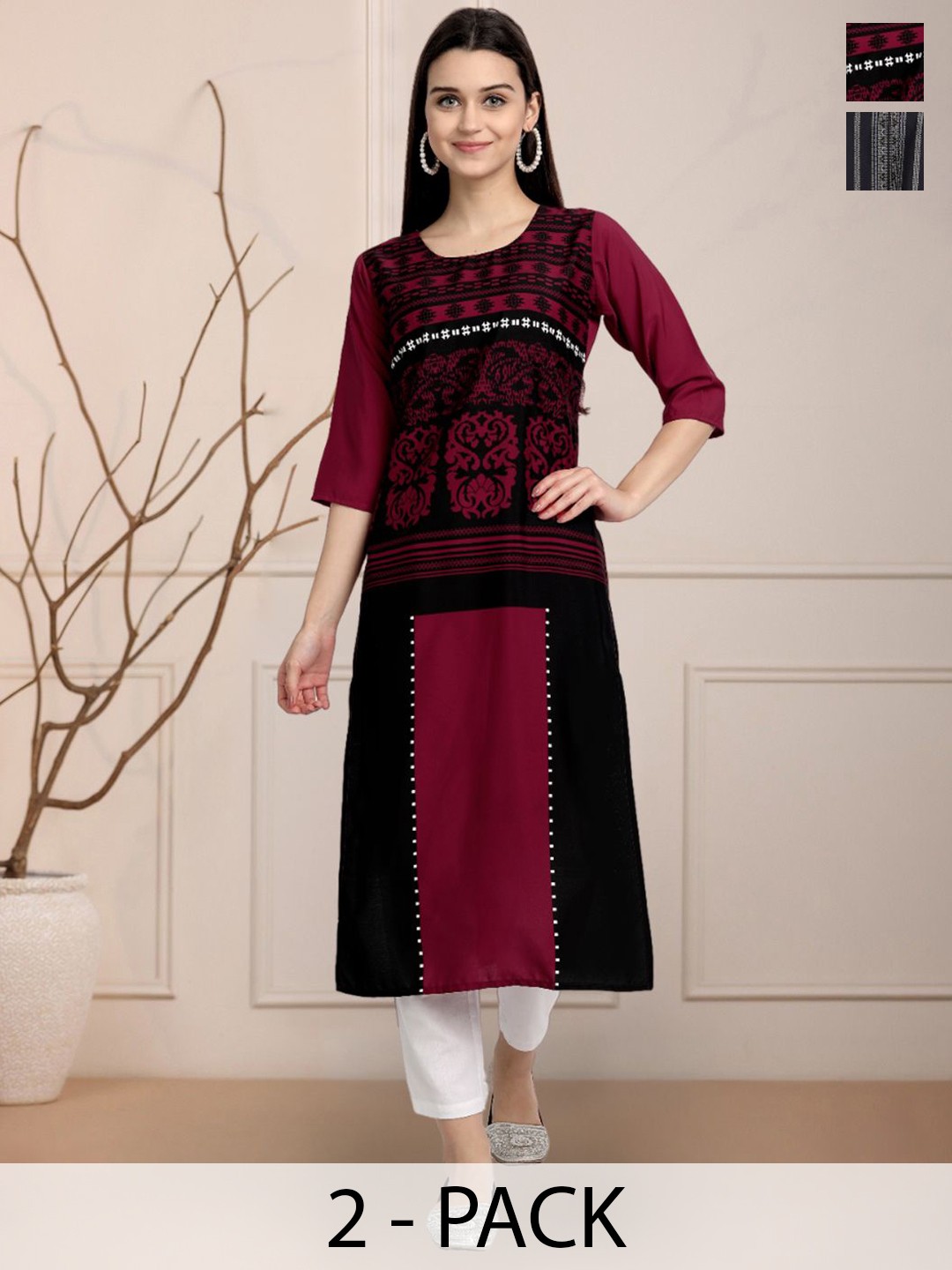 

Moda Rapido Maroon & Black Selection Of 2 Ethnic Motifs Printed Straight Kurtas