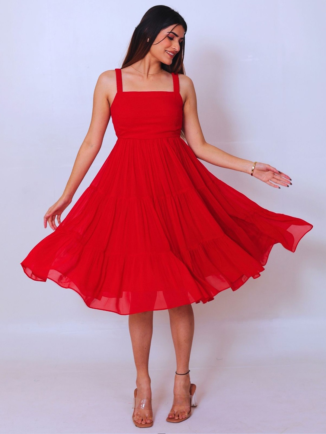 

KAJODI Georgette Fit & Flare Midi Dress, Red