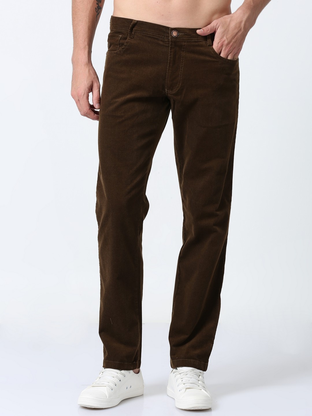 

NEVER NEUD Men Relaxed Straight Fit Corduroy Trousers, Brown