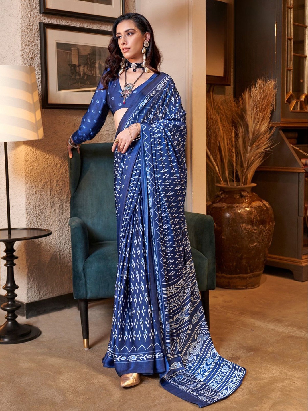 

PEENGAX Zari Satin Saree, Blue