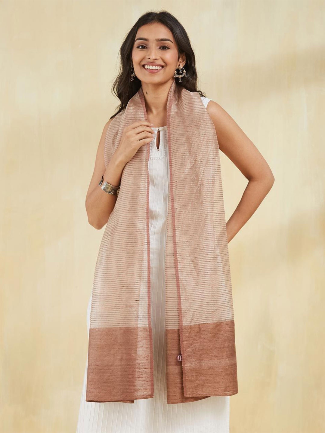 

Fabindia Women Woven Design Silk Stole, Beige