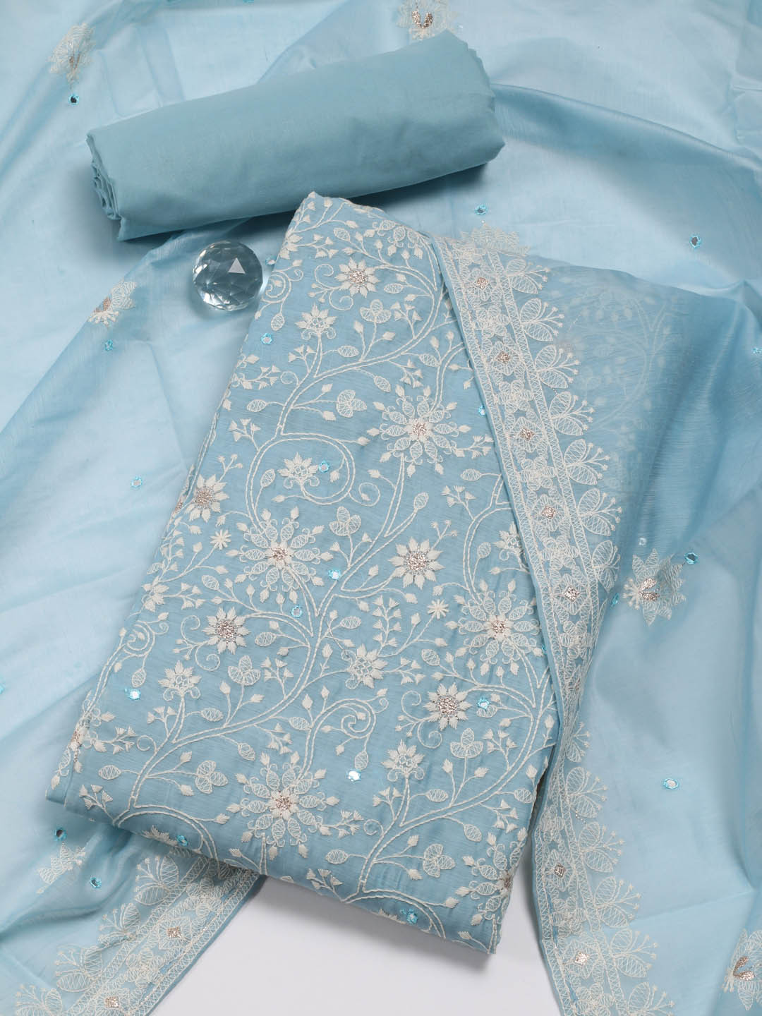 

Meena Bazaar Embroidered Art Silk Unstitched Dress Material, Blue