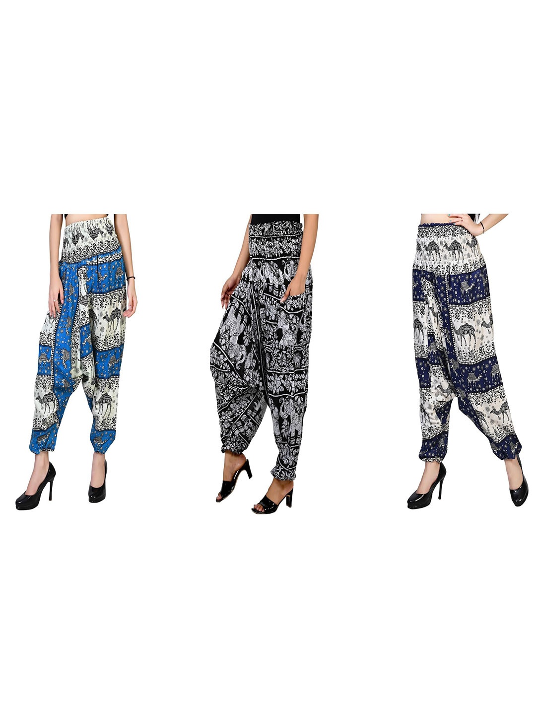 

NarNari Women Pack Of 3 Printed Mid-Rise Harem Pants, Blue