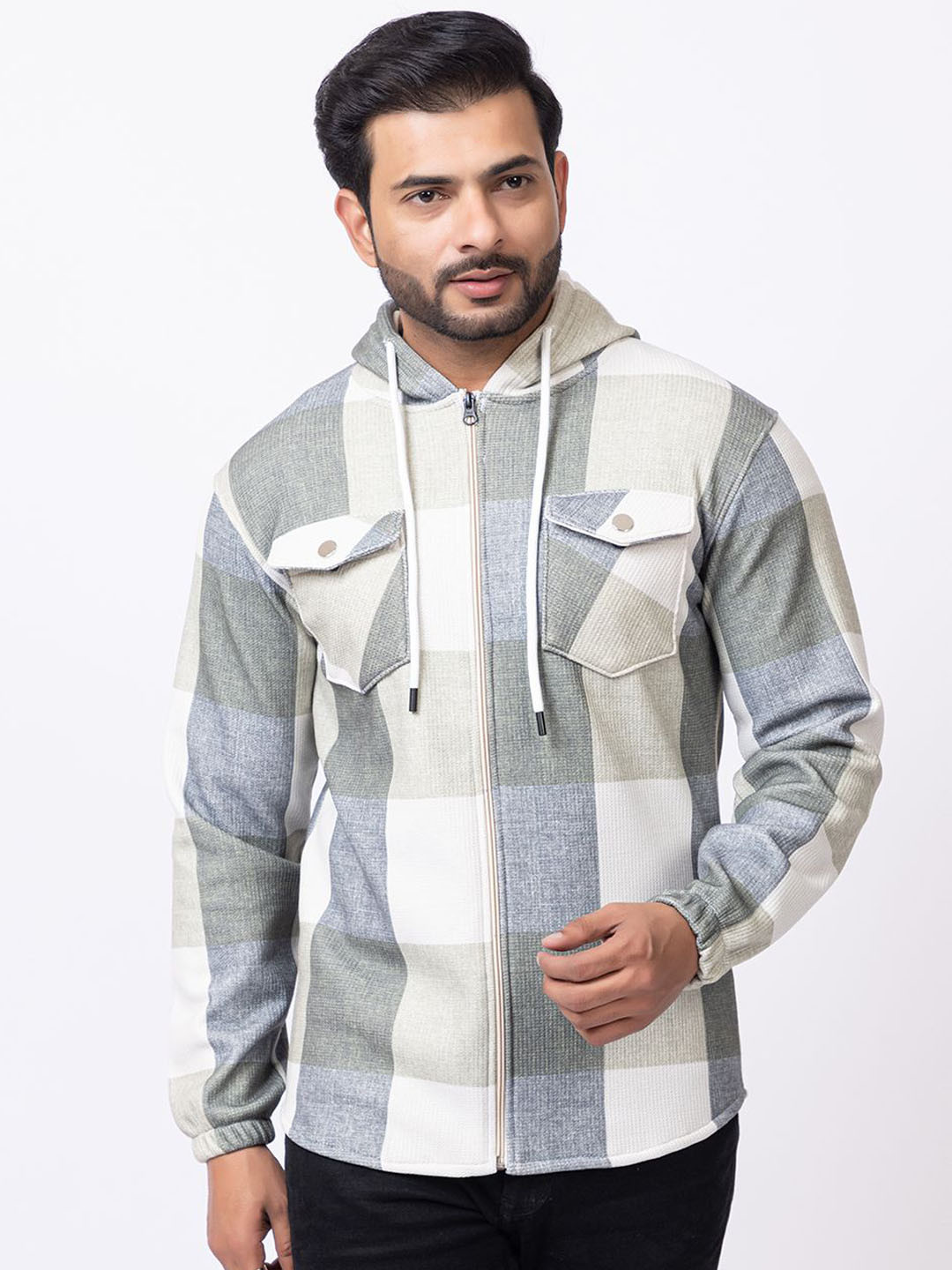 

GEE 5 Men Hooded Checked Woollen Casual Shacket, Cream