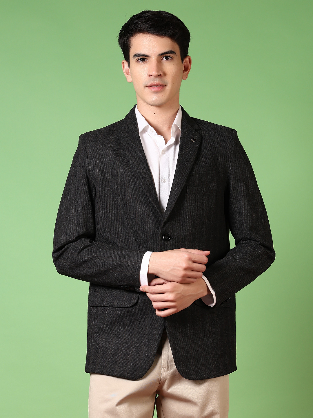 

V-Mart Striped Cotton Notched Lapel Collar Single Breasted Formal Blazer, Grey