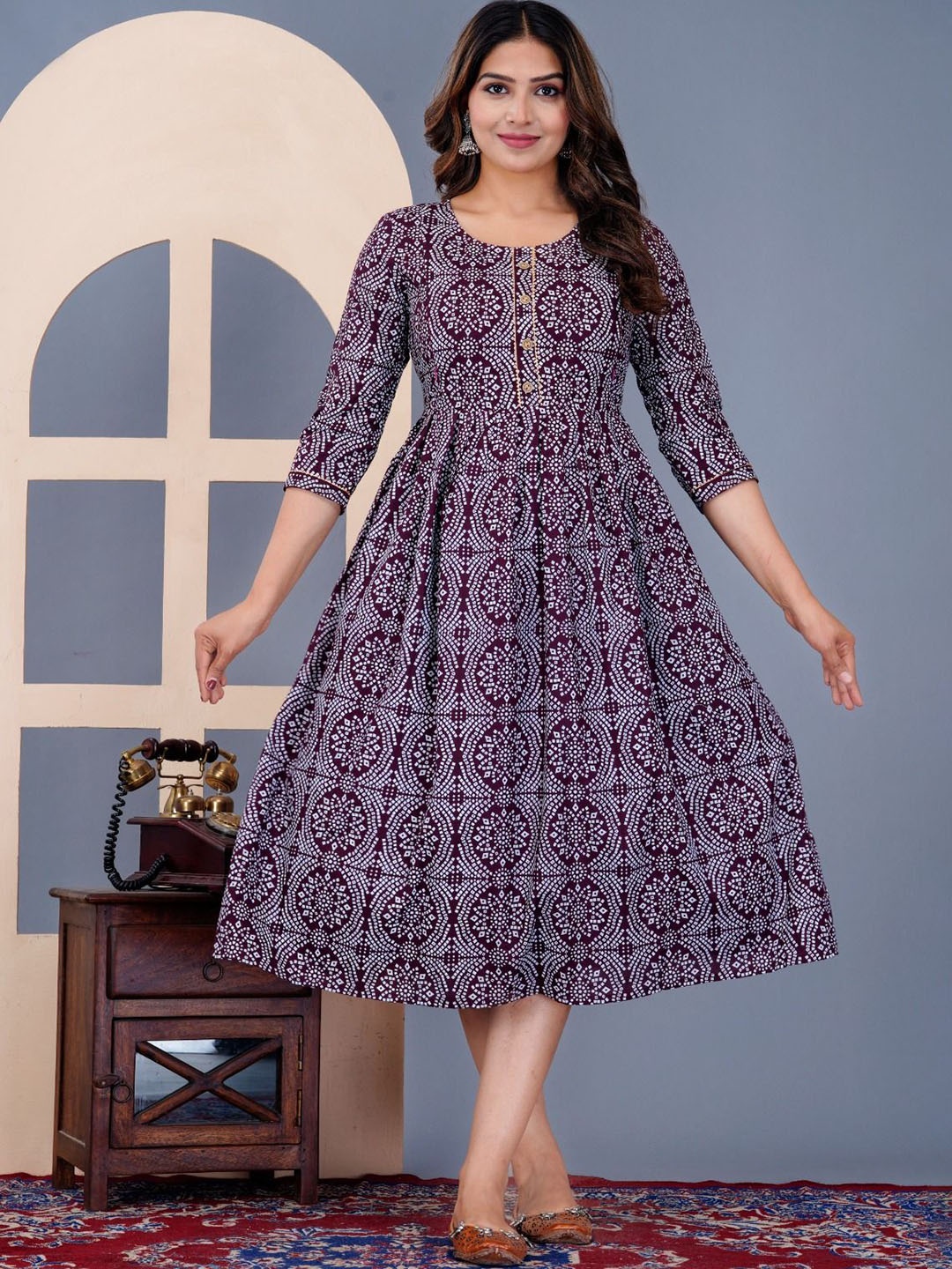 

TROPWEAR Bandhani Printed Round Neck Maternity Fit And Flare Ethnic Dresses, Purple