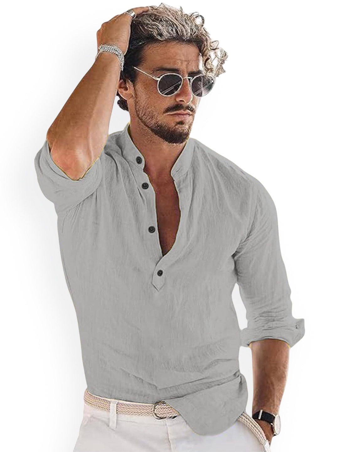 

Vida Loca Band Collar Cotton Straight Kurta, Grey