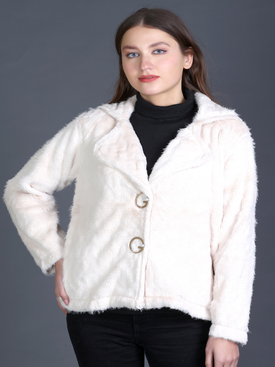 

GODFREY Women Self Design Notched Lapel Peacoat, Beige