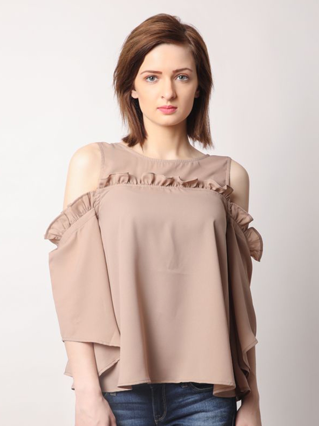 

DELIS Cold-Shoulder Monochrome Georgette Top, Beige
