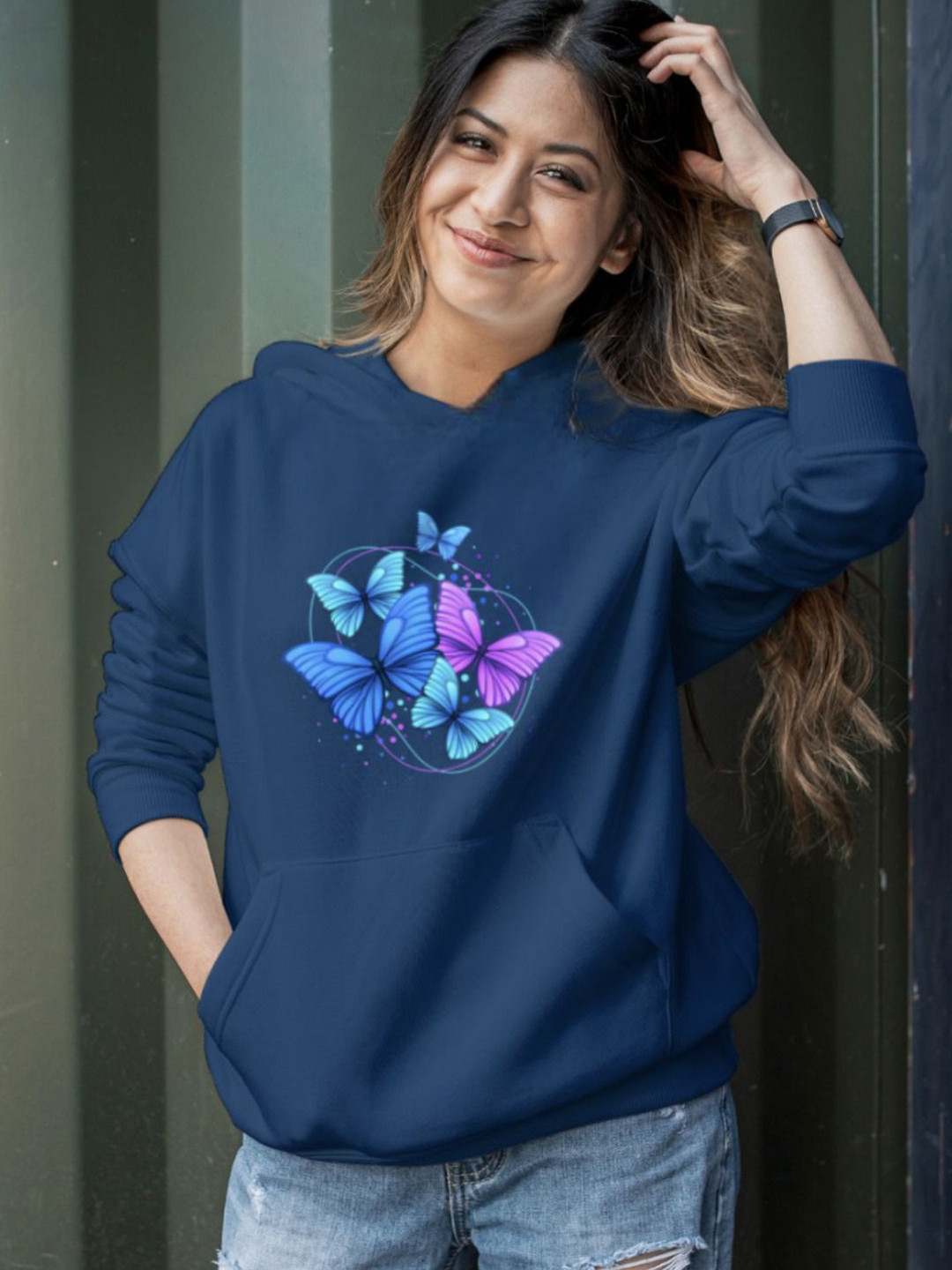 

KASHIAN Women Printed Hooded Sweatshirt, Blue
